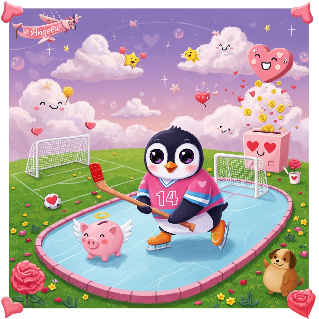 The front cover of the Valentine's Day greeting card bursts with vibrant colors and whimsical charm. Imagine a playful mash-up of ice hockey and soccer set in a fantastical charity event.

**Foreground:**
- **Center Stage**: A cartoon-style ice rink, its borders surrounded by soccer goalposts. On the rink, a larger-than-life cartoon penguin with exaggerated features skates gracefully on two feet, clutching a bright red heart-shaped hockey stick. Its enormous eyes and beaming smile captivate the viewer, evoking an aura of pure fun.
- **Penguin's Outfit**: The penguin wears a jersey striped in vibrant pink and blue, with a massive, comically oversized number "14" emblazoned across its chest.
- **Charity Icon**: A small, cartoon-style piggy bank with angel wings, complete with a smiling face and heart-shaped nostrils, glides alongside the penguin on its tiny skates.

**Background:**
- **Left Side**: A vibrant soccer field with exaggerated, bubble-like green grass and a cartoon soccer ball sporting heart-shaped patches. A chubby, cheeky cartoon puppy, standing on its hind legs, holds a smaller heart-shaped soccer ball in its front paws, wearing tiny red sneakers.
- **Right Side**: A giant, cartoon-style donation box shaped like a heart, with cartoon dollar bills sticking out. Above it, a smiling cupid cloud, gently raining down golden coins and rose petals.

**Sky and Additional Elements:**
- The sky is a rich lavender with fluffy, bubble-like clouds. A plane-shaped banner with "Angela" scrawled in bright, bold, pink letters loops through the sky, trailing tiny cartoon hearts in its wake.
- In the sky's background, cartoon stars twinkle subtly, interspersed with larger, smiling stars wearing tiny sports helmets and cheering with tiny pom-poms.

The scene is alive with energy, the exaggerated features and bold, playful elements creating an engaging, lively visual story that captures the essence of Valentine's Day with a unique twist on ice hockey, soccer, and charity.
Generated with these themes: Ice hockey , Soccer, and Charity.
Made with ❤️ by AI.