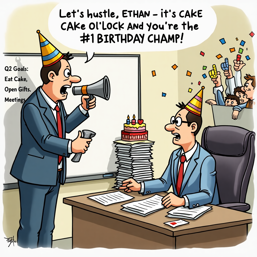 **Image Prompt:**  
An illustrated office scene with a humorous twist: Ethan is sitting at his desk wearing a birthday hat, completely surrounded by paperwork, but instead of his regular office boss, there's a dramatic coach in full athletic gear blowing a whistle and yelling encouragement. The coach is pointing at a birthday cake balanced on a stack of files like it’s a championship trophy. A nearby whiteboard reads: “Q2 Goals: Eat Cake, Open Gifts, Avoid Meetings.” Colleagues peek from cubicles, throwing confetti and holding foam fingers that say “#1 BIRTHDAY CHAMP.”

**Top of the Illustration Image Text:**  
"Let’s hustle, Ethan — it’s cake o’clock and you’re the MVP of aging!"
Generated with these themes: Office boss and coach.
Made with ❤️ by AI.