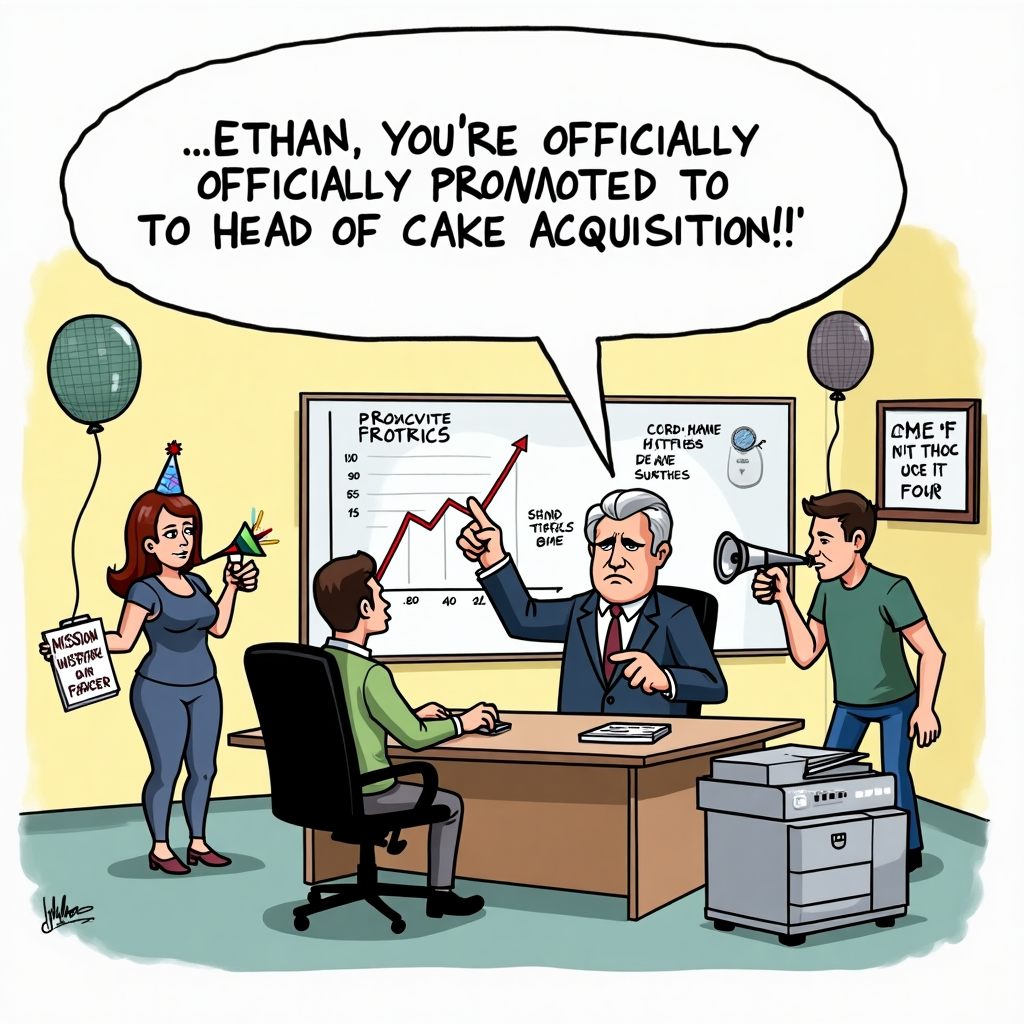 At the top of the illustration image, “Ethan, you’re officially promoted to Head of Cake Acquisition!”

Illustration Prompt:  
A cartoon-style office scene where a corporate boss (with a serious face) is dramatically pointing across a conference room table at a confused employee wearing a birthday hat — it's Ethan. Behind the boss, there's a whiteboard with “Birthday Productivity Metrics” showing a graph of “Fun per Frosting” spiking wildly. Off to the side, an overenthusiastic “Life Coach” in workout gear is blowing a party horn while holding a clipboard that says “Mission: Celebrate Harder.” Balloons made of spreadsheets float in the air, and someone’s photocopied their face with a birthday message in the copy machine. The whole office looks hilariously decorated as if HR gave up and the interns took over.
Generated with these themes: Office boss and coach.
Made with ❤️ by AI.