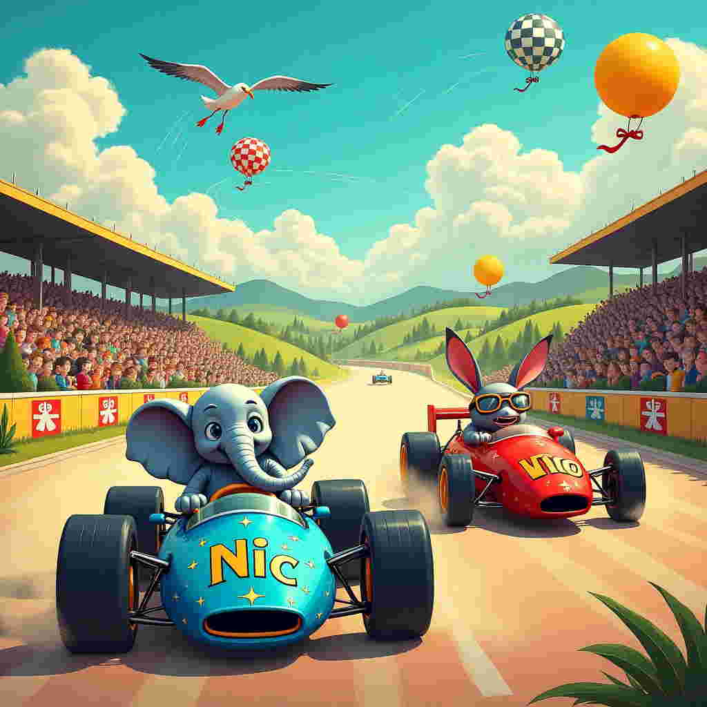 Imagine a bustling racetrack, set amidst a vibrant, sunlit landscape reminiscent of Maxfield Parrish's luminous hues. At the heart of the scene are two zany cartoon characters—a gleeful elephant and a mischievous shark—both steering their sleek, vividly-colored Formula 1 racing cars. The elephant's car is a bold, cerulean blue with sparkling silver accents, its large tires kicking up puffs of dust as it speeds forward. The shark’s vehicle, a fiery crimson red with sharp black stripes, resembles a streaking comet on the track.

Surrounding the track, whimsical grandstands are filled with quirky cartoon animals cheering enthusiastically. A plethora of lively banners flutters in the breeze, one of which reads "Nic" in an exuberant, playful font, adorned with tiny starbursts. The letters are in shimmering gold, contrasting beautifully against a deep teal background, making it pop vividly in the scene.

The background is a whimsical landscape, with rolling hills dotted with charming, tiny, watercolor-like cottages that could easily have leapt from a Beatrix Potter tale. Above, a sky stretches out in gradient blues and purples, reminiscent of a late afternoon, with fluffy, detailed clouds—straight from an Arthur Rackham sketch—casting shadows on the track.

To add a touch of whimsy in the style of Quentin Blake, incorporate a few airborne details: a seagull sporting aviator goggles trailing a fluttering scarf, and a trio of balloons—one being a zebra stripe pattern, another polka-dotted, and the third a solid vibrant yellow.

The finishing detail is a vintage-style checkered flag, swooshing in the hand of an enthusiastic rabbit, its long ears flapping wildly. This quirky, detailed scene creates a vivid, delightful farewell moment, celebrating the journey with humor and color.
Generated with these themes: Cartoon elephant and shark driving F1 racing cars.
Made with ❤️ by AI.