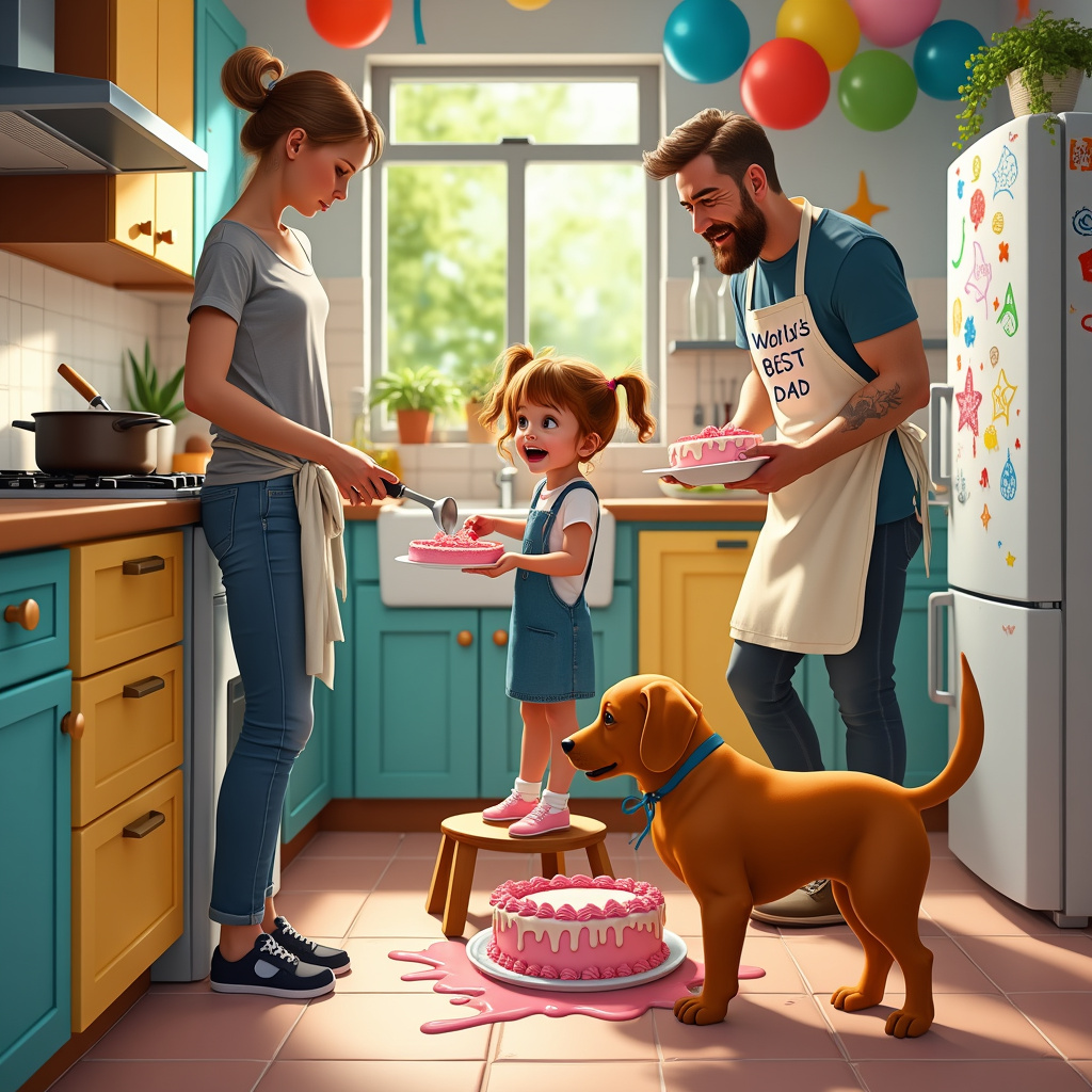 In the heart of a cozy, modern kitchen, a delightful chaos is unfolding. On the front cover of the birthday card, the focal point is a gleeful 6-year-old girl, her pigtails bouncing, as she attempts to frost a lopsided, homemade birthday cake with pink icing. She's standing on a sturdy wooden stool, her concentration broken only by the mischievous Fox Red Labrador at her feet. The Labrador, with its shiny coat and alert eyes, is eagerly licking up the dollops of icing that have splattered onto the tiled floor. Nearby, the husband, wearing a "World's Best Dad" apron, is juggling various cooking tasks: flipping pancakes on the stovetop, stirring a pot of spaghetti, and trying to prevent a boiling pot from overflowing. His expression is one of comical exasperation, with a touch of flour smudged on his cheek and a dishtowel slung over his shoulder. The background features a bright kitchen with colorful cabinets, a fridge plastered with crayon drawings, and a sunny window where you can see the vibrant green garden outside. Above the scene, whimsical balloons and streamers add to the festive atmosphere, hinting that a grand celebration is just about to begin.
Generated with these themes: Fox Red Labrador, , 6 year old daughter, , Cooking, and Husband.
Made with ❤️ by AI.