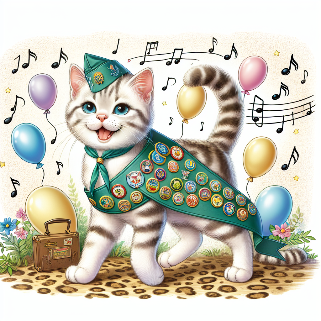 Create an enchanting birthday illustration showcasing a delightful cat wearing a scouting sash adorned with numerous badges. The cat playfully prowls on a terrain given by a leopard print. Balloons are lazily floating in the background, injecting the atmosphere with a mirthful sense. Music notes are lyrically floating around, contributing to the ambiance while casting an unseen, yet heard playful melodious soundtrack to this magnificent feline-themed celebration.
Generated with these themes: Cat, Leopard print, and Scouting for girls (band).
Made with ❤️ by AI.