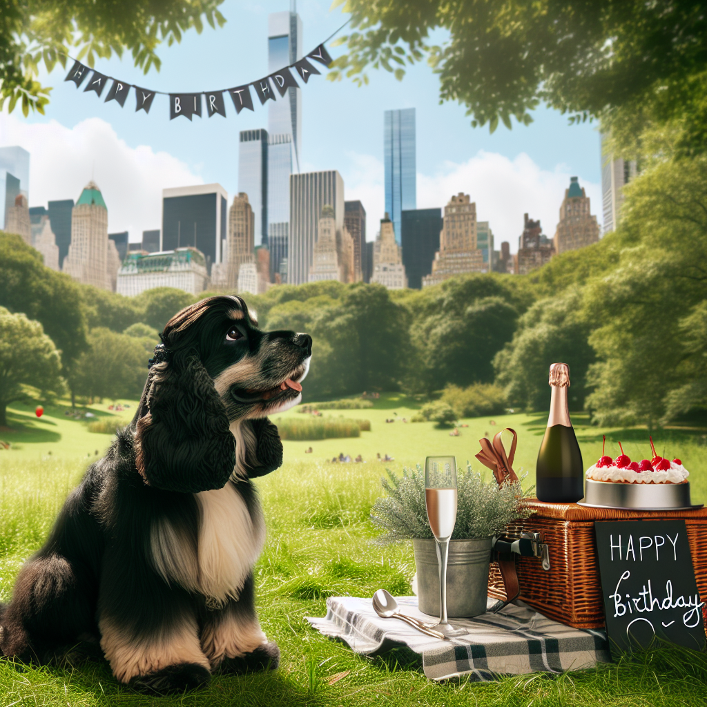 An image depicting a black and tan cocker spaniel, sitting in a park filled with lush greenery, with the New York skyline in the distance. The dog is wearing a birthday ribbon and gazing at a picnic setup which includes a cooled bottle of Prosecco and a single glass. In the sky above, there's a banner with the words 'Happy Birthday'. The scene hints at the musical vibe of a timeless classic.
Generated with these themes: Black and tan cocker spaniel , Prosecco, Billy Joel, and New York.
Made with ❤️ by AI.