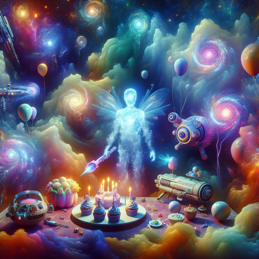 An ethereal realm with amorphous clouds swirling around a floating, otherworldly birthday banquet. Phaser-shaped party favors and dilithium crystal cupcakes dominate the table, with a holographic Spock delivering birthday greetings. Layers of abstract colors bleed into starship silhouettes and buoyant balloons emblazoned with Federation insignia.
Generated with these themes: Star trek.
Made with ❤️ by AI.