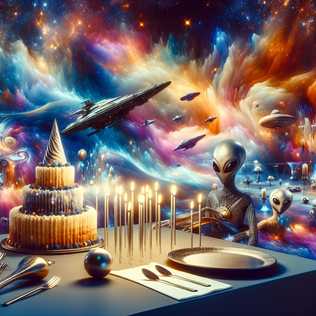 A cerebral landscape where the fabric of time and space warps into a star-studded nebula, serving as a cosmic backdrop. A table set with a birthday cake, shaped like the USS Enterprise, with candles flickering like distant stars. Vulcan-eared party hats and Star Trek uniforms merge with peculiar, dreamlike birthday paraphernalia.
Generated with these themes: Star trek.
Made with ❤️ by AI.
