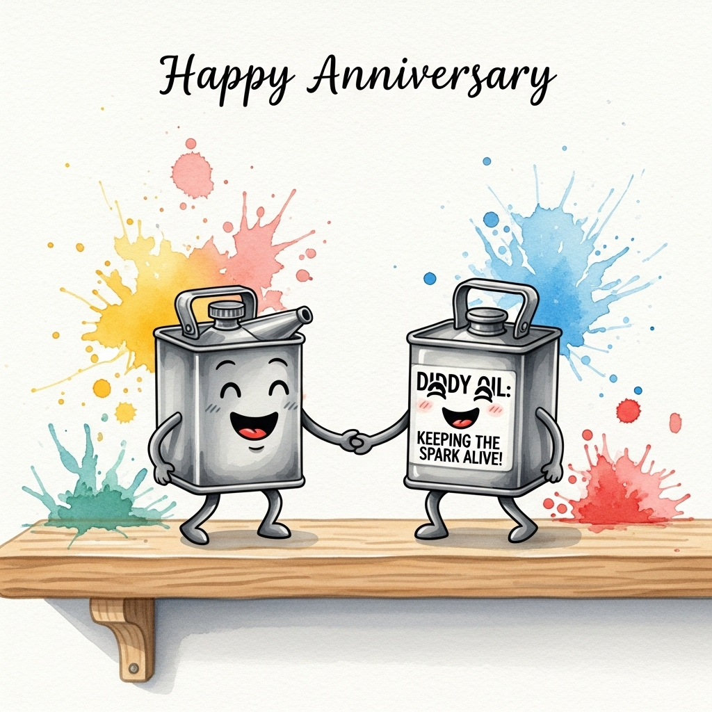 At the top of the Watercolor Style image, "Happy anniversary"

**Image Prompt:** In a humorous watercolor scene, picture two pint-sized oil cans with smiling faces and tiny, wobbly legs, standing side by side on a sunlit wooden shelf. They are playfully holding hands (or rather, handles) with exaggerated expressions of joy. Surrounding them are whimsical splashes of vibrant colors, creating an atmosphere of celebration. One can has a cheeky label reading, "Diddy Oil: Keeping the Spark Alive!" The scene exudes a playful, airy charm with soft washes of color and gentle paper textures, perfect for an anniversary card.
Generated with these themes: DIDDY Oil, and .
Made with ❤️ by AI.