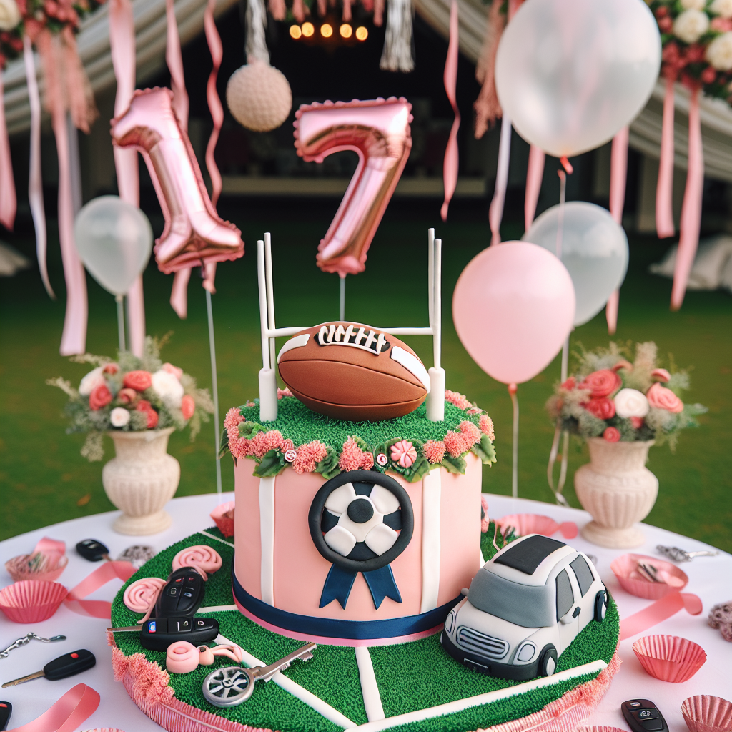 Create an image of an authentic and charming birthday celebration setup for a 17-year-old South Asian girl who is a new driver and women's rugby enthusiast. Focus on a center with a meticulously crafted cake adorned with rugby goalposts and a vehicle's steering wheel. Exhibit miniature rugby balls and car keys as part of the surrounding décor tastefully scattered throughout. Illustrate a set of large '17' balloons hovering above. Decorate with pink and white streamers, intertwining them with sprouts of green to depict a rugby field, presenting a vibrant fusion of femininity and sport.
Generated with these themes: Women's rugby, new driver, age 17.
Made with ❤️ by AI.