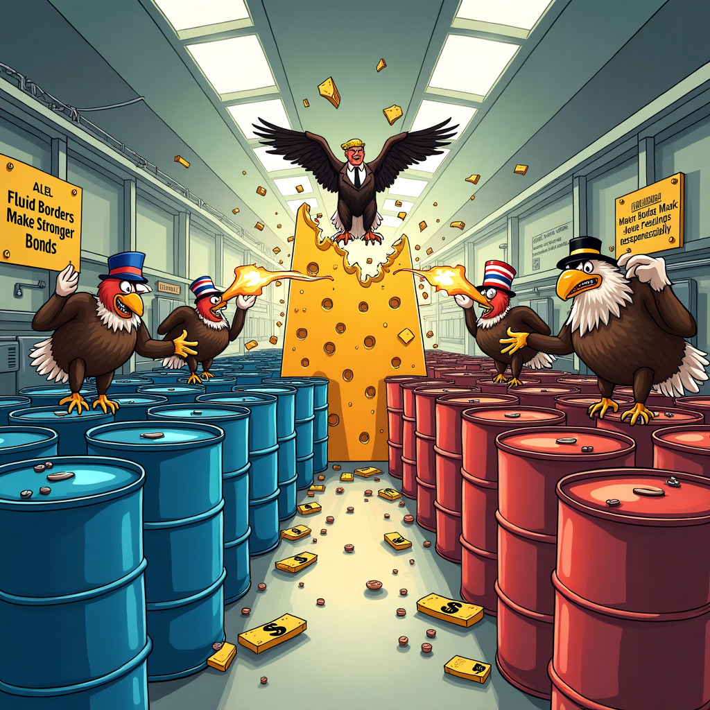 **Image Prompt:**

At the top of the illustration image: *"Happy Tariffsgiving, Philipp — Thanks for Drumming Up Some Oily Diplomacy!"*

Create a whimsical, cartoon-style illustration featuring a chaotic factory floor split in half — on one side, an ultra-efficient, gleaming German workspace with orderly rows of bright blue Oelheld metalworking fluid drums wearing little monocles and mustaches, giving polite salutes. On the other side, a wild American warehouse where red, white, and blue Oelheld drums are riding bald eagles, firing dollar bills from tiny cannons, and yelling slogans like "Make Coolants Great Again!" In the middle, a wall made of golden cheese blocks is crumbling from a sneezing statue of Donald Trump, causing both sides to yell "Danke!" and "Thanks!" at each other over the noise. Sparks fly, machines whir, and somewhere a sausage sizzles in a cowboy hat.

Include small, humorous signs in the background like "Fluid Borders Make Stronger Bonds" and "Export Your Feelings Responsibly."
Generated with these themes: Oelheld metal working fluids in drums, Germany, USA, Chaos, Trump Tarriff's.
Made with ❤️ by AI.