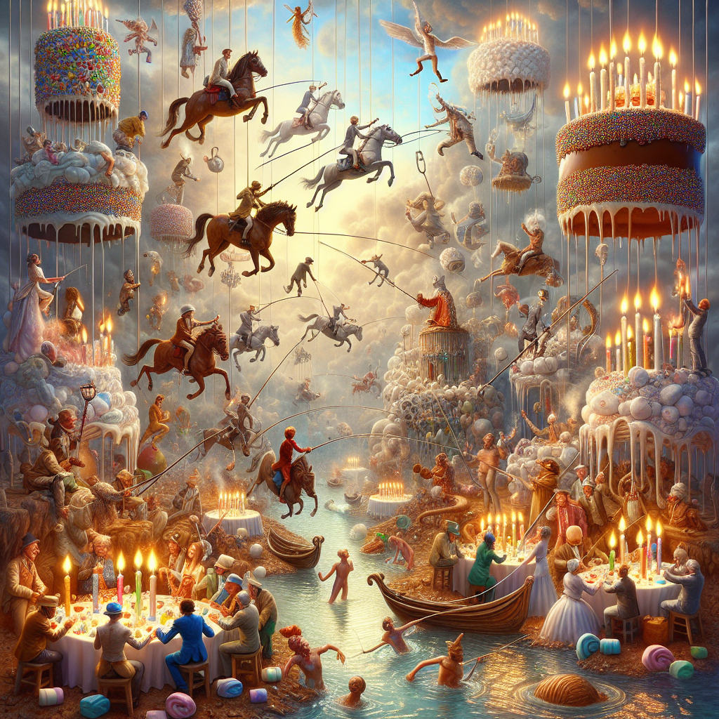 In this fantastical birthday scene, the atmosphere is heavy with the aromas of brandy and cigars, with the smoky plumes transforming into ethereal renditions of horse races and boxing matches up in the sky. Beneath this spectacle, a river of molten chocolate courses along, its edges shaped by marshmallow shores, where elegant figures of diverse ethnic backgrounds and genders - South Asian men, Middle-Eastern women, Caucasian men and women, and Black women - are seen fly fishing. Their silken lines, adorned with vivid candies, dive into the chocolate river for unsuspecting pastries fashioned into fish. Towering above are many monumental birthday cakes studded with lit candles, their icing glimmers illuminating the scene, as diverse guests—Hispanic men and women, Black men, Caucasian women—enjoy the feast, their merry laughter resonating in the air woven with threads of spun sugar.
Generated with these themes: Drinking brandy , Cigars, Cakes and sweets, Horse racing, Boxing, and Fly fishing.
Made with ❤️ by AI.