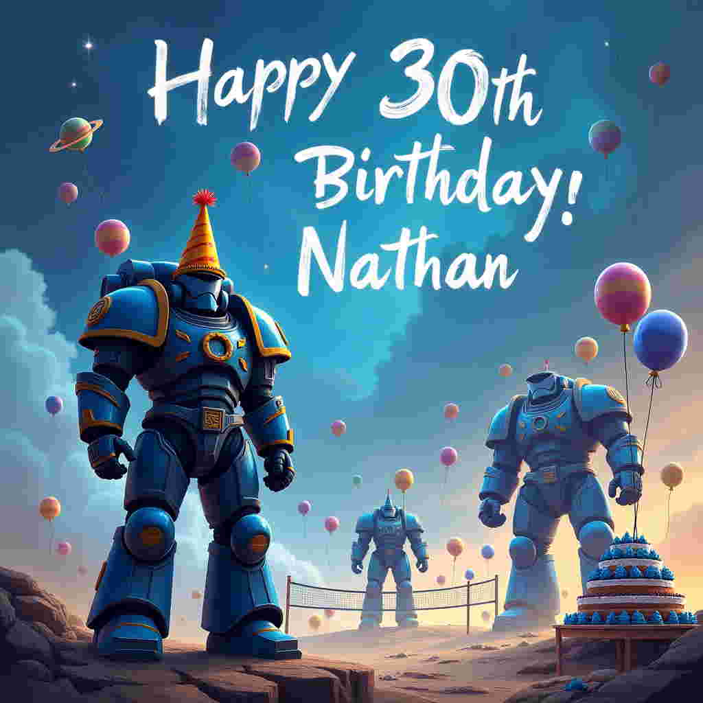 In this imaginative birthday card scene, set against the backdrop of a Warhammer 40k-inspired landscape, a futuristic, blue-armored Space Marine stands proudly on a rocky outcrop. The Marine, though stern and heroic, holds an oversized party hat on his head, its vibrant colors contrasting with the otherwise serious demeanor. Surrounding him is an epic battlefield that's been humorously transformed into a birthday celebration. The harsh metallic terrain is dotted with floating balloons shaped like miniature planets, and in the distance, two towering Warhammer Titans are engaged not in battle, but a playful game of volleyball using a colossal beach ball. The sky above is a stunning tableau of swirling, otherworldly blues and purples, interspersed with twinkling stars. Among the clouds, carefully spelled out in celestial, glowing letters, is "Happy 30th Birthday Nathan!" in a whimsical, curly font. To the side, a birthday cake shaped like a giant Dreadnought stands on a table, complete with tiny, blue icing Space Marines marching up its layers. The attention to detail is captivating, from the intricate engravings on the Marine's armor to the playful expressions on the balloons, making it a uniquely memorable celebration of Nathan's special day.
Generated with these themes: Warhammer 40k blue. , and Happy 30th birthday Nathan. .
Made with ❤️ by AI.