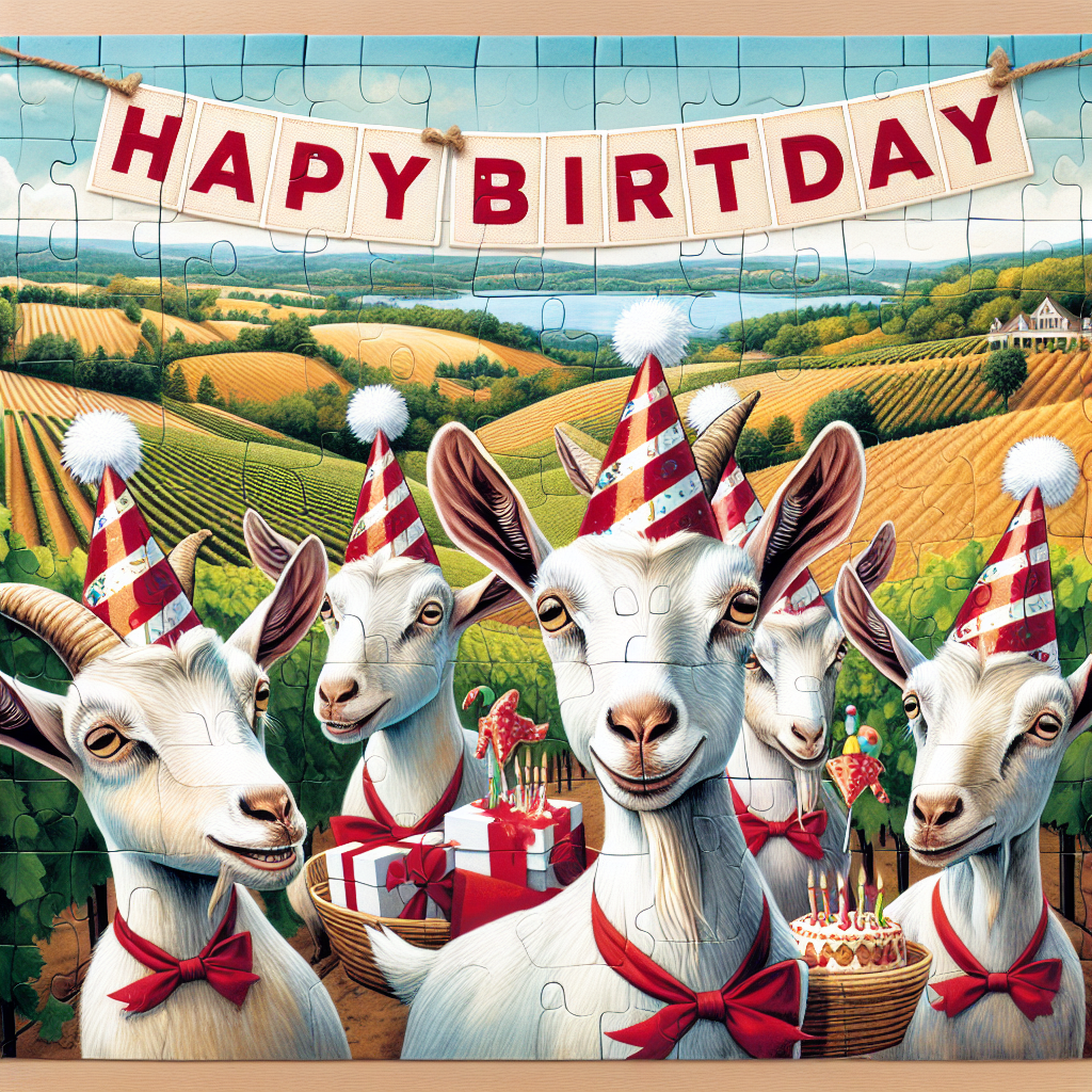 Craft an image capturing the essence of a delightful birthday-themed scene. A group of animated goats, each sporting a festive red and white party hat, are cheerily wandering around a lavish wine estate. The surroundings are abundant with sprawling vineyards and golden fields which exude the charm of Canada's iconic scenery. Above them, a tasteful 'Happy Birthday' banner sways gently in the soft breeze.
Generated with these themes: Canada goats walking wine.
Made with ❤️ by AI.