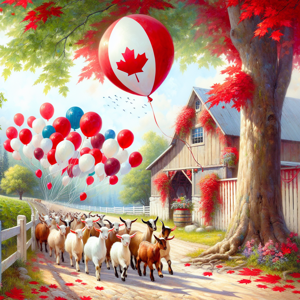 Create an adorable image that reflects a fun and whimsical birthday celebration taking place in Canada. Imagine joyful goats of varying shades peacefully waltzing along a path shaded by mature maple trees. Capture a balloon dancing in the breeze high above, painted in the vibrant hues of red and white, the traditional national colors. Partially hidden in the distance is a rustic farm winery, its shabby chic aesthetic indicating the delicious local wine on offer. It should resonate warmth, invitation, and fun, signifying a festive celebration.
Generated with these themes: Canada goats walking wine.
Made with ❤️ by AI.