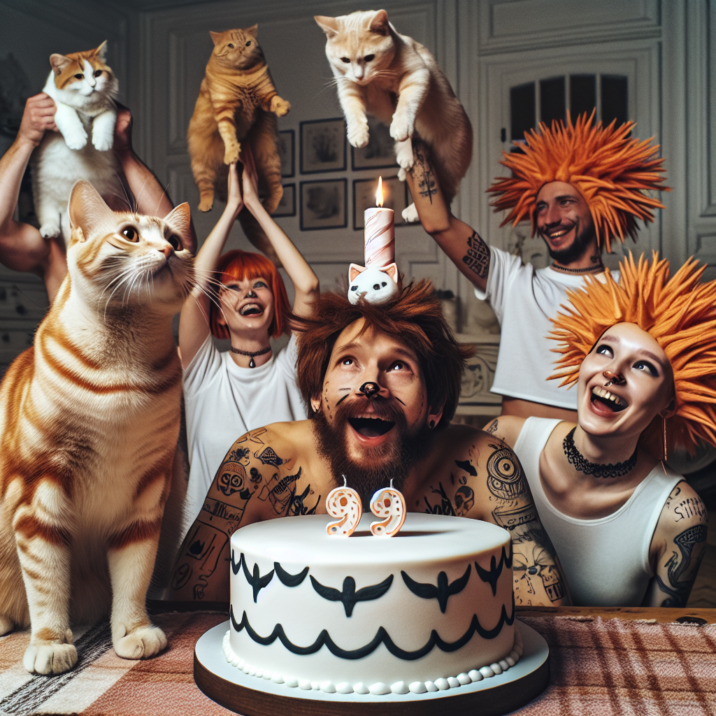 Imagine a peculiar and joyous birthday celebration taking place in a warm and comfortable room full of cats, big and small, each wearing unique temporary tattoo patterns on their fur. The centerpiece of this event is an oversized cake, creatively designed with a fondant cat on top playfully reaching for a candle styled like a tattoo with ginger-colored hair. The human guests in the scene - each distinct, with a balanced mix of genders and representating a variety of descents such as Caucasian, Hispanic, Middle-Eastern, and South Asian - are adorned with fake ginger hairpieces and temporary tattoos. They are caught in mid-laughter as a daring cat tries to sneak a taste of the cake frosting.
Generated with these themes: Cats, Tattoos, and Ginger hair.
Made with ❤️ by AI.