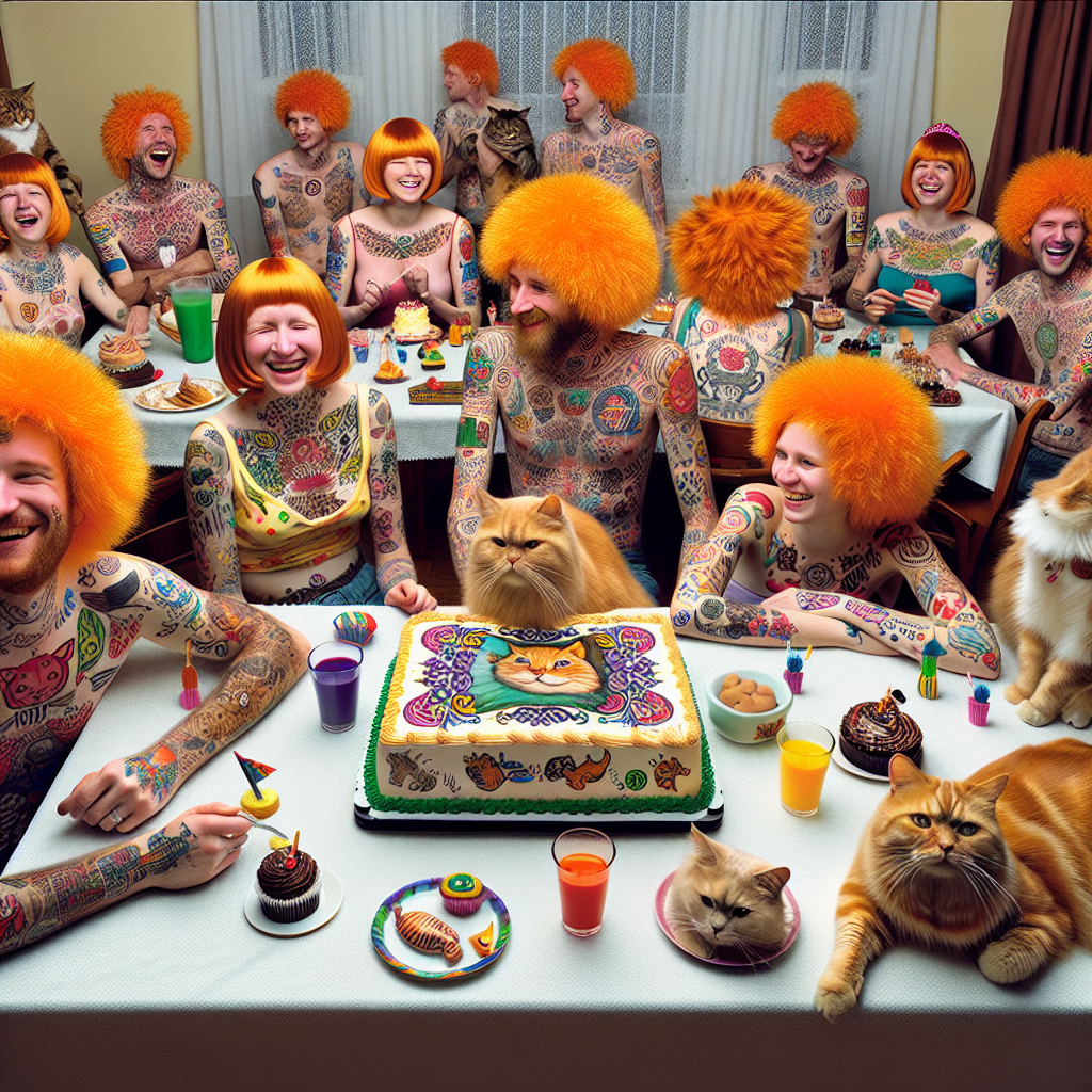 A room filled with joyful participants at a unique party, each person fitted with a wig of ginger color and covered in brightly colored temporary tattoos, engaging in cheerful conversation. Amidst the lively scene, a group of satisfied cats, whose coats each bear a fanciful tattoo design, watch the celebration lazily. A creatively designed birthday cake takes center stage in the room, its decorations imitating the artistic essence of a tattoo featuring a ginger cat, bordered by an assortment of edible accessories inked, creating a blend of realistic and humorous allure.
Generated with these themes: Cats, Tattoos, and Ginger hair.
Made with ❤️ by AI.