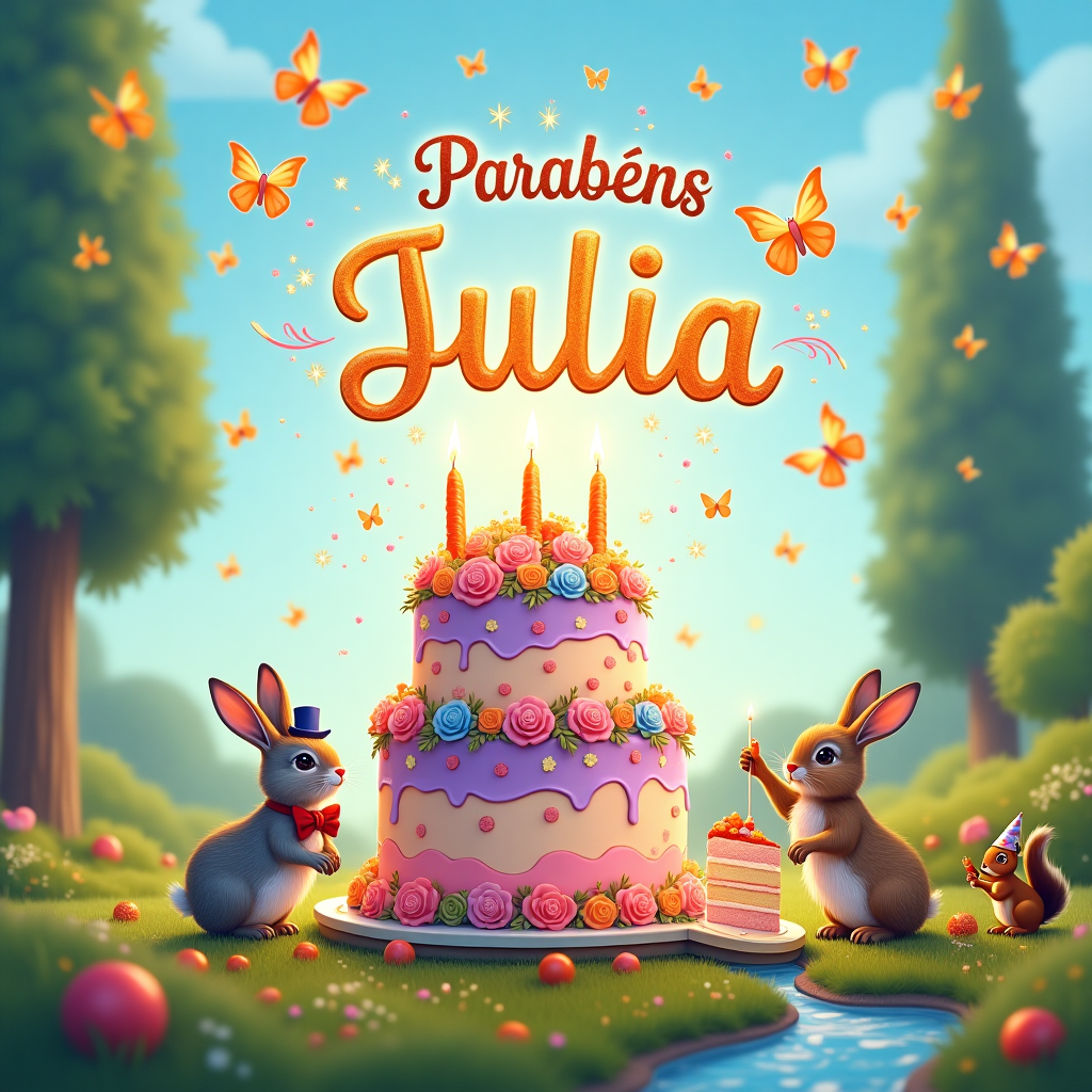 Picture a whimsical meadow under a clear, cerulean sky, where the sun casts a golden glow across a fantastical birthday celebration. At the heart of this scene is an enormous cake, the layers swirled with vibrant shades of pastel pink and lavender, topped with a profusion of flowers and sparklers that fizzle joyously. Perched around this confectionary masterpiece are delightful bunnies, their fur a medley of soft grays and warm browns, each clutching a bright orange carrot as they gaze in awe at the cake.

Above, a kaleidoscope of butterflies flits gracefully, their wings painted with an array of brilliant hues: azure, tangerine, and emerald, as if they've borrowed colors from a sunlit stained glass window. The butterflies form a swirling banner in the sky, spelling out "Parabéns Julia" in a delicate, cursive script made of fluttering wings.

To one side of the cake, a dapper rabbit, donning a bowtie and top hat, stands upright, holding a scroll that reads, "Julia," with flourishing vines and tiny carrot motifs framing the name. Nearby, another bunny, wearing a tiny party hat, extends a carrot-topped cake slice on a platter towards the viewer, offering an invitation to join the celebration.

In the background, tall, gentle trees sway slightly, their leaves whispering in the soft breeze. Among the branches, a squirrel can be seen nibbling on a miniature carrot, adding to the charming scene. The meadow's grass is sprinkled with wildflowers, and a small brook babbles serenely, reflecting the dance of colors above. This enchanting tableau combines all the delightful themes into a festive and joyful greeting for Julia's birthday.
Generated with these themes: Butterflies, Bunnies, Cake, Write "Parabéns Julia" as a message, and Carrots.
Made with ❤️ by AI.