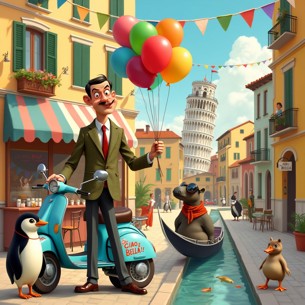 Sure, let's paint this quirky, colorful, and humorous anniversary scene with all the delightful characters and elements you've mentioned!

---

**Scene Description:**

The front cover of the card is set in a picturesque Italian piazza. The backdrop features a quaint gelato stand with a canopy in the colors of the Italian flag—green, white, and red. The iconic Leaning Tower of Pisa can be seen slightly askew in the background, peeking over the rooftops of charming pastel-colored buildings with balconies adorned with flowering plants.

In the center of the scene stands Mr. Bean, dressed in his classic tweed jacket and skinny red tie, holding a bunch of oversized, multicolored balloons in one hand. His face bears his signature mischievous grin. Surrounding him are an ensemble of adorable, animated characters.

To his left, a pair of dapper penguins, reminiscent of tuxedo-clad gentlemen, are enjoying scoops of gelato, their little feet adorably webbed as they stand by a small cafe table with a checkered tablecloth. The penguins are sharing an oversized sundae, one holding a spoon and the other looking on with delight.

On Mr. Bean’s right, a stylish tapir wearing a beret (a nod to the European flair) is lounging comfortably on a Vespa scooter, painted in sky blue, with a "Ciao Bella!" sticker on the side. The tapir has aviator sunglasses perched on his snout and a scarf blowing in the breeze, adding a touch of cool sophistication.

Nearby, a couple of mallards waddle around, one sporting a gondolier’s hat with a red ribbon. They are attempting to navigate a tiny, makeshift gondola in a fountain at the center of the piazza, filled with crystal-clear water and small fish.

Above this lively scene, a string of festive, colorful banners stretches across from one building to another, spelling out "Happy Anniversary" in playful, handwritten letters.

On the bottom right corner of the cover, perched on a cobblestone edge, is a tiny mailbox with a heart-shaped opening, and from it, a small trail of love letters seems to float upward, carried by a gentle breeze.

The entire scene is surrounded by a border of whimsical doodles—hearts, flowers, and musical notes—tying all the elements together into one joyous, animated celebration.

---

This detailed description should give the artist a clear and vivid idea of how to create this unique and funny anniversary card cover, incorporating all the specified themes in a cohesive and delightful manner!
Generated with these themes: Penguins , Italy, Mallards, Tapirs, and Mr Bean.
Made with ❤️ by AI.