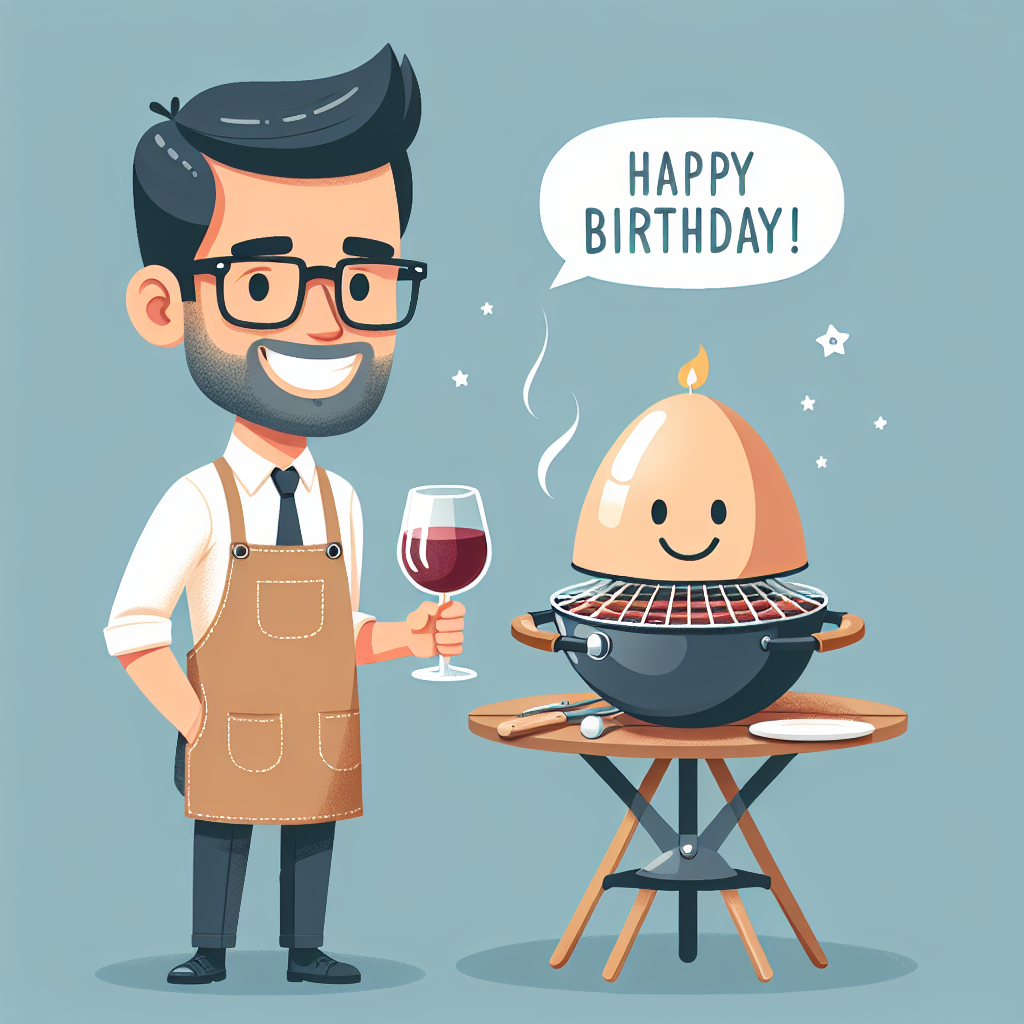 Create a charming birthday-themed illustration showcasing a cheerful Caucasian man with short dark hair and dark brown glasses, wearing a bright smile. He is wearing a crisp apron and stands attentively as he cooks on a quirky, egg-shaped BBQ grill. There is a glass of rich red wine resting on a small table by his side, suggesting a celebration filled with culinary passion and joyous occasion.
Generated with these themes: White man, Short dark hair, Dark brown glasses , Smile, Apron , Cooking over Egg BBQ, and Glass of red wine.
Made with ❤️ by AI.