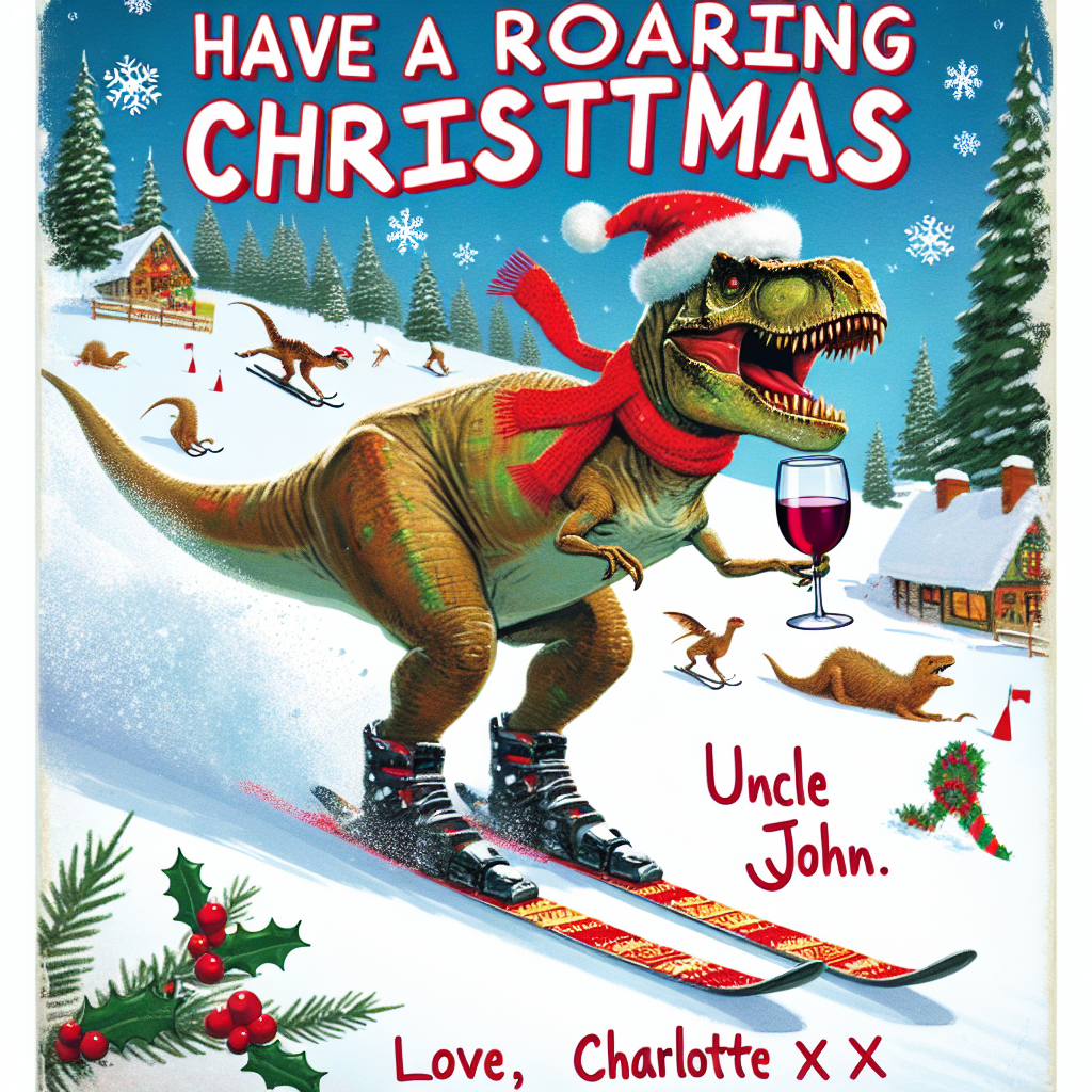 The illustration captures a comical scene where a T-rex in a bright Christmas hat skillfully navigates the slopes, red wine in hand, looking amusingly drunk. The wintry scene is adorned with festive holiday elements. In the foreground, the personalized festive wish 'Have a roaring Christmas Uncle John. Love Charlotte xx' fills the space with a touch of endearment.
Generated with these themes: T-rex skiing with a Christmas hat on, With a glass of red wine in hand, and Looking drunk.
Made with ❤️ by AI.