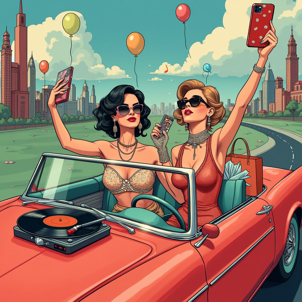In the foreground of this humorous birthday scene, imagine a vibrant convertible sports car in a dazzling shade of candy-apple red. The car is driven by an elegantly dressed woman with oversized sunglasses, reminiscent of 1950s Hollywood glamour. She’s clutching a glittering designer handbag with one hand while expertly applying lipstick with the other, her lips in a perfect 'O' as she concentrates on the task.

Seated in the passenger seat is a chic, fashion-forward character, holding an iPhone up high to capture the ultimate birthday selfie. The iPhone case is bedazzled with rhinestones and tassels, almost as eye-catching as the selfie taker’s avant-garde outfit – a bold combination of high fashion pieces that mix patterns, textures, and colors with fearless confidence.

In the back seat, a pile of shopping bags from various high-end designers overflows, each bag peeking out with tissue paper in different pastel hues. One particularly notable bag features a clear logo from a prestigious brand, shimmering under the sunlight.

Surrounding the car, we see whimsical details that add a storybook charm to the scene. A vintage record player is whimsically attached to the car’s hood, spinning a colorful vinyl record with musical notes floating around it, clearly belting out an upbeat pop tune. The road they drive on is paved with images of makeup compacts and brushes, adding a playful nod to the beauty theme.

In the background, a cityscape rises, with buildings resembling gigantic makeup products – skyscrapers shaped like mascara tubes, lipstick towers, and eyeshadow palette windows. Balloons in the shape of iPhones and musical notes hover in the sky, hinting at an ongoing celebration.

Adding a touch of classic illustration style, the characters have expressive features and exaggerated proportions, much like the whimsical figures in Quentin Blake’s works. The scene is rich in detail and color, reminiscent of the lush and intricate illustrations by artists like Maxfield Parrish and Arthur Rackham, blending a modern, humorous twist with a nostalgic, storybook quality.
Generated with these themes: Make-up , Driving, Fasion, Designer handbags, IPhones , and Pop music.
Made with ❤️ by AI.