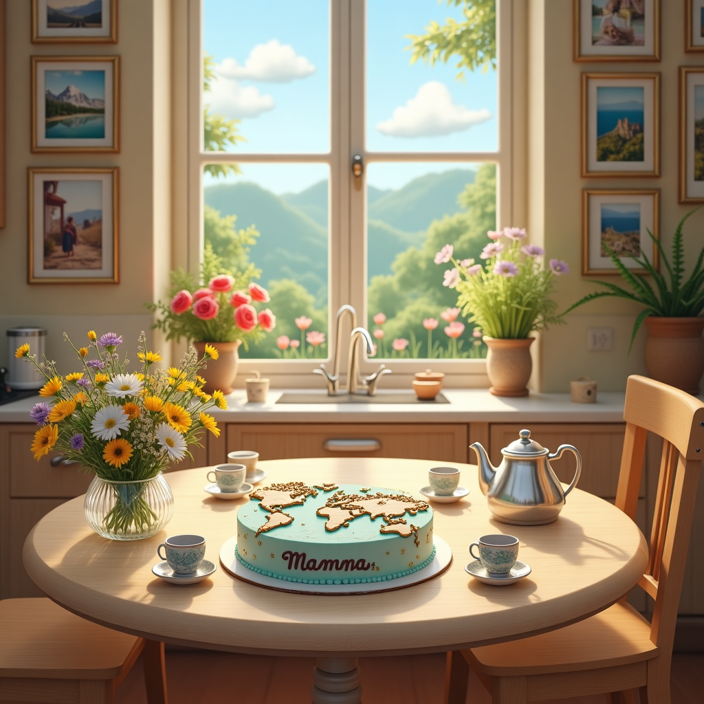The scene is set in a cozy, sunlit kitchen filled with warm and welcoming details. The focal point is a round wooden dining table, beautifully set for a celebratory tea time. At the center of the table, there's a large, elaborately decorated cake, its icing designed to resemble a map of the world. The continents are crafted in soft pastels—lavender, mint green, and sky blue—interspersed with golden-yellow stars marking different locations. Across the top of the cake, in delicate chocolate script, reads: "Beautiful and Lovely Mamma."

To the left of the cake, a crystal vase holds a vibrant bouquet of fresh wildflowers—daisies, buttercups, and lavender—adding a splash of yellow, white, and purple. To the right, an ornate silver teapot reflects light, surrounded by matching teacups with a delicate floral pattern.

Above the table, a window stretches across the wall, revealing a picturesque garden outside. The garden is alive with colors of blooming flowers—roses in red, peonies in pink, and tulips in orange. In the sky beyond the garden, fluffy white clouds are shaped like letters, spelling out "Thank you Mamma" in a whimsical font.

On the kitchen wall behind the table, a gallery of picture frames displays photographs of family adventures from around the world, each capturing different seasons and landscapes—snow-capped mountains, sandy beaches, and lush forests—all in vivid, lifelike details.

The background colors in the room are soft and inviting—a creamy beige on the walls, complemented by a light oak floor. A gentle sunlight streams through the window, casting a warm, golden glow across the scene, creating a sense of harmony and unity.
Generated with these themes: mothers day card-Thank you mamma for always been there for us. Whichever corner of the world we are we are there for you always. We love you and God bless you with all the blessings .
Made with ❤️ by AI.
