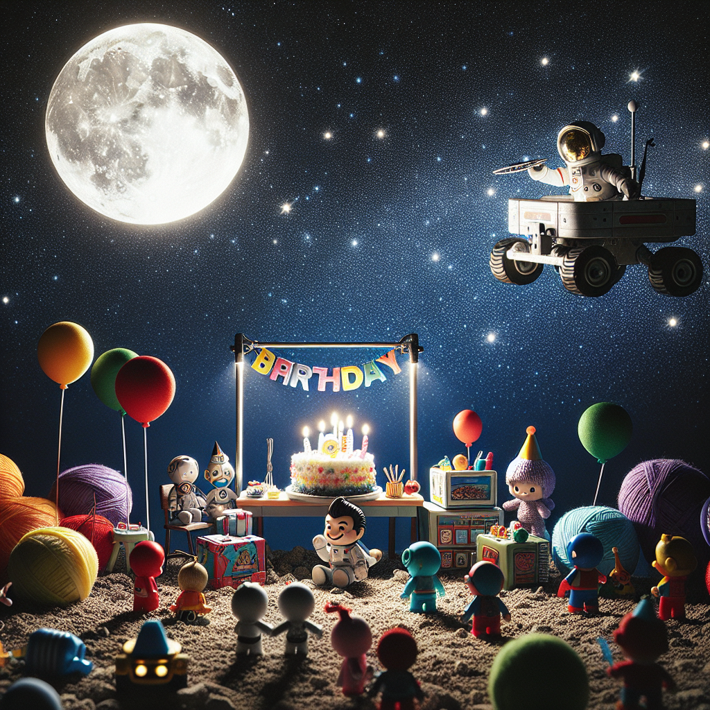 Under a sparkling starlit sky, the moon throws a gentle light on the festivities beneath it. A collection of tiny toy superheroes are huddled around a station filled with vibrant balls of yarn and needles, and at the center of it all is a birthday cake. Hovering just above, an endearing cartoon character, known for his ability to solve difficult mysteries, drives a lunar rover across the moon’s surface; his presence adds a whimsical touch to this already delightful birthday scene.
Generated with these themes: Lego, The moon, Marvel, Knitting , and Mr monk.
Made with ❤️ by AI.