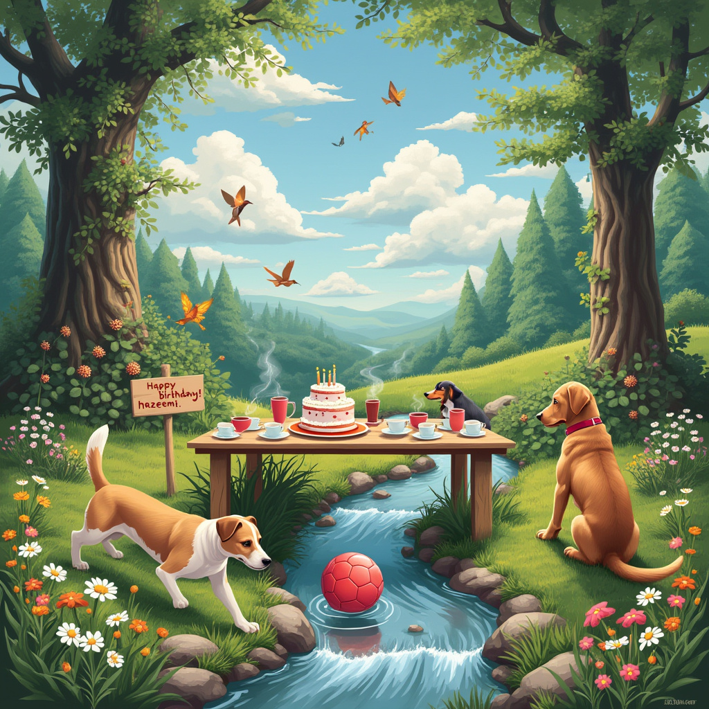 The front cover of the birthday greeting card depicts a lively, sun-dappled tea garden nestled by the edge of a picturesque forest. In the foreground, a wooden table is set up for an outdoor tea party, adorned with delicate porcelain cups and a teapot steaming with fragrant herbal tea. A delightful birthday cake sits in the center, its icing artistically crafted to look like a soccer ball. Scattered around the garden are playful dogs of various breeds, including a fluffy Golden Retriever and a mischievous Dachshund, chasing a vibrant, red soccer ball across the lush green grass.

A crystal-clear stream winds its way gently through the garden, sparkling in the sunlight. Two Labradors are joyfully splashing about in the water, their wet coats gleaming and tails wagging. The stream is bordered by an array of colorful wildflowers, and the sound of the water adds a serene melody to the scene.

Above this enchanting setting, the sky is a brilliant blue, punctuated with fluffy white clouds. Among these clouds, the name "Hazeem" appears whimsically spelled out, as if the clouds themselves have conspired to join the celebration. On a wooden post near the table, a small hand-painted sign reads "Happy Birthday, Hazeem!" with cheerful, bright colors, adding to the festive atmosphere.

In the background, the towering trees of the forest stand watch, their leaves whispering in the gentle breeze, while birds flit from branch to branch, seemingly enjoying the joviality of the scene below. This card captures the essence of a perfect birthday celebration, seamlessly blending elements of nature, fun, and companionship.
Generated with these themes: Dogs, Soccer, Nature, Tea garden, and Swimming in a stream.
Made with ❤️ by AI.