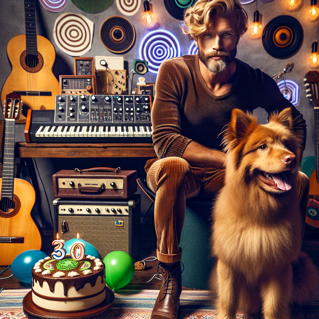 Imagine a birthday scene that has a peculiar yet captivating feel. The decorations revolve around vintage synthesizers giving off rhythmic lights, supplementing the lively conversations filling the room. The center of attention is a tall Caucasian man with blond hair reaching his shoulders. His beard, well-kept and trendy, adds to his bohemian sophistication. He is dressed in classic brown corduroy trousers. Accompanying him is his cheerful and energetic Romanian rescue dog, its ginger coat reflecting the owner's warmth. Musical instruments like guitars are strewn around the room, each unique and rich with history, ready to play beautiful music. To add a fun educational element to the party, a cake adorned with the design of Duolingo's distinctive green owl awaits to be served.
Generated with these themes: Synthesisers, Tall blond man with shoulder length hair and beard, Ginger Romanian rescue dog, Brown corduroy trousers, Guitars, and Duolingo.
Made with ❤️ by AI.