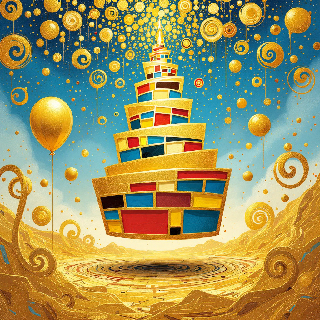 Imagine a birthday card cover set in an eccentric, abstract universe where gold reigns supreme. At the center, a whimsically distorted golden cake hovers, defying gravity and layered with skewed geometric tiers. This cake is no ordinary cake—each layer is a playful homage to Piet Mondrian, with bold, asymmetrical rectangles in vibrant blues, reds, and yellows outlined by gleaming golden lines. Spiraling around the cake, Kandinsky-esque golden spirals and swirls dance with chaotic energy, hinting at the joy of a birthday celebration.

Suspended above, an exuberant burst of Pollock-style golden drips and splatters radiates outward like a celebratory firework frozen in time, each droplet catching a glimmer of imaginary light. Beneath the cake, a de Kooning-inspired terrain unfolds, a chaotic blend of abstract, swirling gold brushstrokes that merge into one another like molten lava.

To the left, a peculiar golden balloon floats serenely, outlined with precise, minimalist rectangles in the spirit of Malevich. Its string, a winding golden thread, intertwines with a ribbon of Rothko-style horizontal bands, alternating between deep, luxurious gold and transparent, shimmering hues. Meanwhile, on the right side of the scene, a Miró-inspired golden star with playful, elongated points casts a whimsical glow, its center a quirky eye winking playfully at the viewer.

Scattered throughout, Twombly-esque scribbles in vibrant gold coil around Gerhard Richter-like smudges, hinting at impromptu birthday wishes sketched in a moment of joy. The background is a Martin-inspired serene grid of soft gold, barely there, providing a gentle backdrop that ties the entire composition together, making this scene a celebratory explosion of abstract golden joy.
Generated with these themes: Gold.
Made with ❤️ by AI.