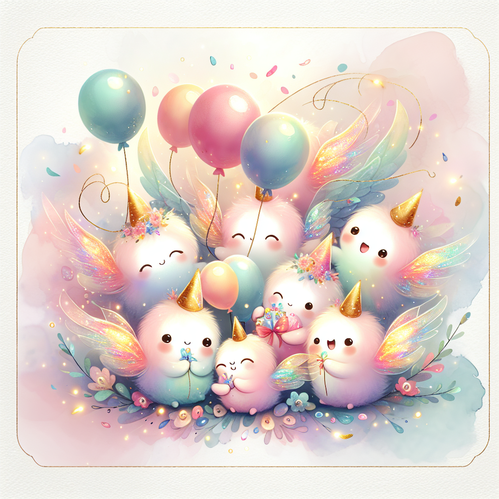 This is a gentle variation of an adorable abstract birthday design. Tender brush strokes of watercolor form a whimsical background, upon which a cluster of miniature, glow-winged creatures play merrily with balloons and handfuls of confetti. Their brightly shimmering wings and joyful expressions bring a spellbinding festivity to the scene, offering a perfectly balanced mix of abstract art and celebratory allure.
Generated with these themes: Tinks.
Made with ❤️ by AI.