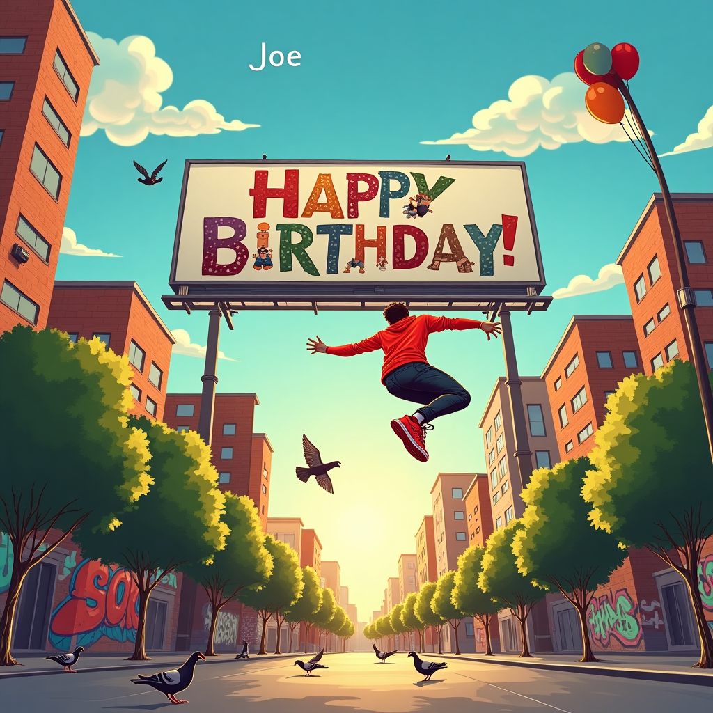 The front cover of this birthday greetings card is a dynamic and playful snapshot capturing a parkour enthusiast mid-action. The scene is set in an urban landscape, where the backdrop features a series of brick buildings, each with distinct graffiti art that adds a splash of color. In the foreground, a young man in bright, athletic attire is caught in the middle of a daring leap between two rooftops. The vibrant red of his sneakers stands out against the clear blue sky, drawing the viewer's eye to the center of the action. 

In the background, a towering billboard presents a birthday surprise: it reads "Happy Birthday Joe!" in bold, colorful letters, with each letter composed of different parkour elements—like a person vaulting over a fence for the 'H', a handstand for the 'A', and so on, each creatively integrating the spirit of parkour. 

Below, a few pigeons scatter in flight, startled by the action above, while a row of lush green trees lines the street, their leaves rustling in the breeze. The sun is setting, casting a warm, golden hue across the scene, and if you look closely, you can spot the name "Joe" subtly spelled out in the playful, fluffy clouds overhead, as if nature itself is joining in on the celebration. A couple of balloons, tied to a lamppost, sway gently, adding a final festive touch to this energetic and unique birthday tribute.
Generated with these themes: Parkour.
Made with ❤️ by AI.