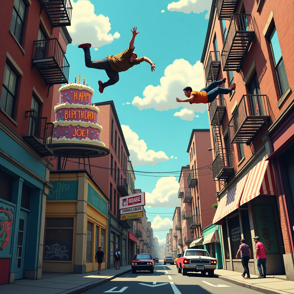 In the bustling heart of an urban landscape, a thrilling birthday parkour scene unfolds, destined for Joe's birthday card. Picture a narrow alley flanked by tall, gritty brick buildings adorned with graffiti art. A group of agile parkour enthusiasts are mid-action, leaping and flipping between ledges, fire escapes, and rooftops. One particularly daring athlete is captured in a freeze-frame moment, performing a gravity-defying backflip over a cake-shaped rooftop. This cake is whimsically decorated with colorful sprinkles, and prominently features the words "Happy Birthday Joe!" written in bright, bold frosting across its top.

A cleverly placed billboard in the background of this action-packed scene humorously echoes the parkour theme, displaying a cheeky slogan: "Jump into Another Year, Joe!" Below, street-level details complete the picture—a bustling street with a mix of vintage and modern vehicles, and a small crowd of onlookers craning their necks in awe at the parkour spectacle above. Overhead, the sky is a crisp blue, punctuated by fluffy clouds that, with a squint and a bit of imagination, spell out "JOE" in their whimsical formations. The scene is an energetic, vivid depiction that captures the spirit of parkour and the excitement of Joe's birthday in one exhilarating visual story.
Generated with these themes: Parkour.
Made with ❤️ by AI.