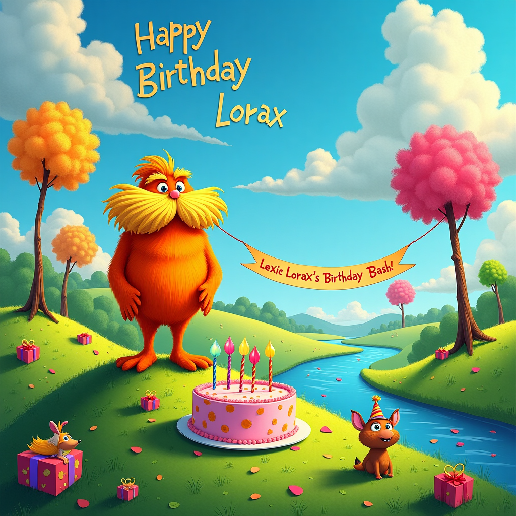 In a whimsical and colorful landscape reminiscent of Dr. Seuss's world, the scene unfolds with the enchanting Lorax himself standing proudly atop a lush, green hill covered in Truffula trees. These trees, with their vibrant tufts of yellow, pink, and orange, sway gently in the wind as if whispering secrets to one another. The sky is a playful tapestry of swirling blue and white clouds, and among these clouds, in fluffy letters, reads "Happy Birthday Lexie Lorax!" As you move your gaze lower, you'll see a peculiar gathering of woodland creatures around a large, round birthday cake perched on a tree stump. The cake is whimsically decorated with Truffula tree patterns in icing, and it sports multicolored candles that resemble the tufts of the trees. The animals, including a curious Bar-ba-loot and a singing Swomee-Swan, wear tiny party hats and carry miniature gifts wrapped in recycled paper, a nod to the Lorax's environmental advocacy. The setting is further enriched by a winding river that snakes through the landscape, its surface shimmering with reflections of the whimsical trees and the vibrant sky. Near the river, a large banner is strung between two Truffula trees, crafted from colorful leaves and reads "Lexie Lorax's Birthday Bash!" The banner flutters joyfully in the breeze, inviting everyone to join in the celebration of Lexie Lorax’s special day.
Generated with these themes: The lorax.
Made with ❤️ by AI.