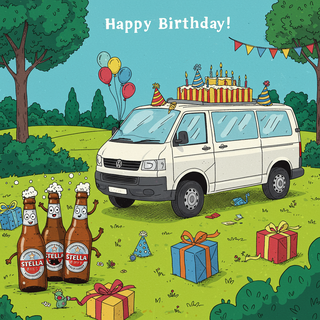 The front cover of this birthday greeting card features a vibrant and whimsical scene, bursting with color and charm, inspired by a blend of classic cartoon artistry. 

**Foreground:**
At the center, a plump, exaggeratedly drawn white Volkswagen T5 van sits parked at a slight angle, its wheels comically large and cartoonishly rounded. The van’s shiny exterior is speckled with vivid reflections of nearby elements. Its windows are down, revealing a stack of playful, oversized party hats inside.

**Middle Ground:**
To the left of the van, a cluster of Stella beer bottles is gathered, anthropomorphized with exaggerated features. The bottles have wide, playful eyes and exaggerated smiles, their labels slightly oversized for a comical effect. Each bottle has its cap popped off, with frothy bubbles joyfully spewing from the tops like party blowers. They seem to be engaged in a lively, silent conversation with one another.

**Background:**
The scene is set in a lush, stylized park with rich, exaggerated greenery. The grass is a vibrant lime green, each blade drawn with individual flair, reminiscent of Bill Watterson’s style. Behind the van, a few colorful balloons float gently upwards, tethered to the van's side mirror, adding a sense of light-heartedness. In the distance, a series of simple, stylized trees akin to Charles Schulz's depiction are arranged in a gentle curve, their tops a mix of deep emerald and teal hues. The sky above is a bright, cloudless cerulean blue, providing a crisp, clean backdrop.

**Additional Elements:**
Scattered throughout the grass are various oversized, wrapped presents, each with elaborate ribbons and bows in a spectrum of bold primary colors—reds, blues, and yellows. A small, cartoonish bird perches on top of one of the presents, its eyes wide and curious, a nod to the quirky style of Gary Larson.

This lively scene captures a delightful and humorous birthday celebration, filled with vibrant, exaggerated elements sure to bring a smile to anyone's face.
Generated with these themes: Stella beer bottles, and White volkswagen T5 van.
Made with ❤️ by AI.