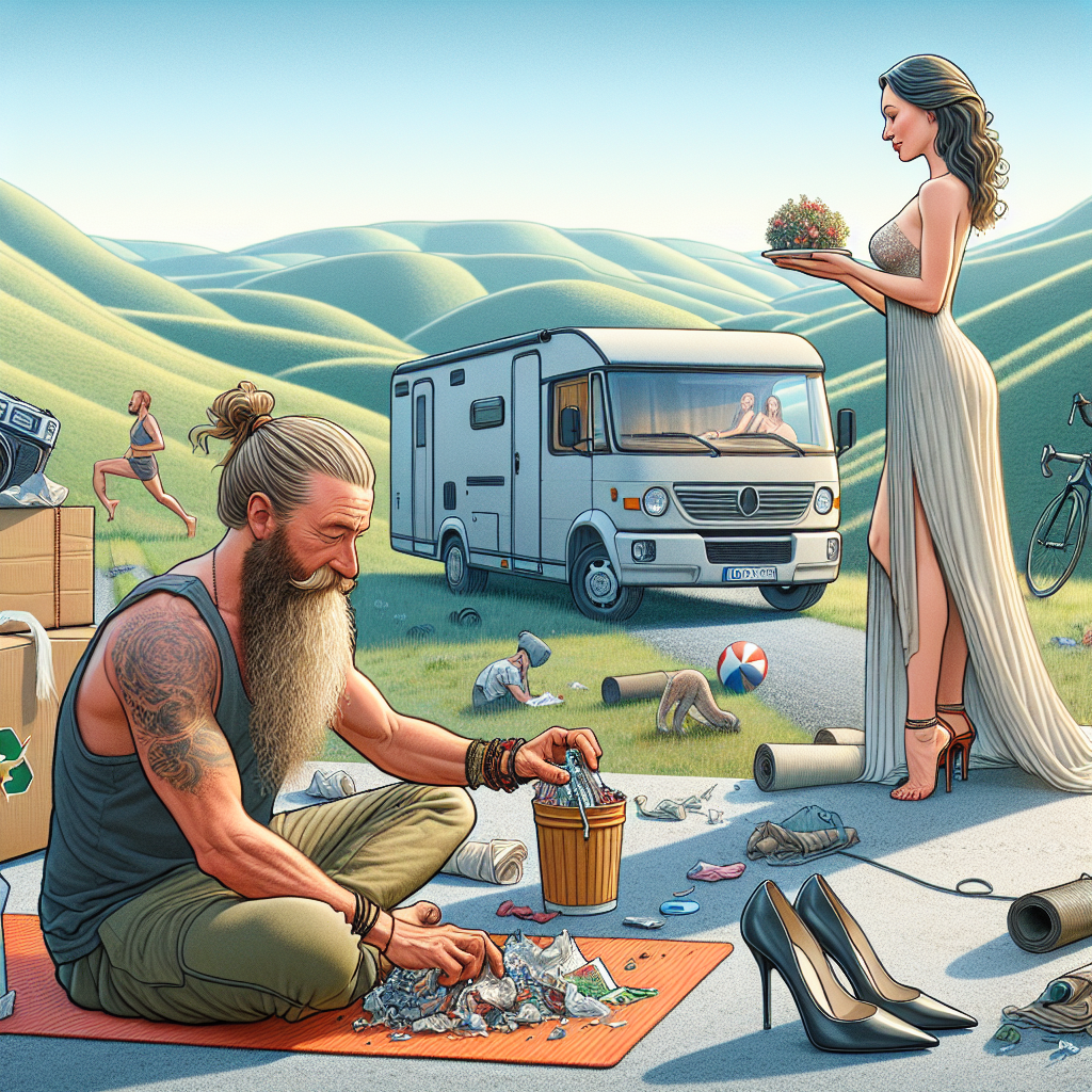 In the center of Italy, a creative animation pays tribute to an anniversary. In the forefront, a bearded ponytailed Caucasian man from England is attentively sorting through recyclable materials, illustrating a dedication to eco-friendliness. Alongside him, a Caucasian woman from England elegantly positioned in high heels and an airy dress. In the distance, their grey mobile home is nestled within undulating hills, suggesting impending journeys. Enhancing the enchantment, the man's yoga mat peeks out from the van, symbolizing equilibrium and serenity amidst their joyful commemoration.
Generated with these themes: Yoga, Grey camper van in the background, Italy, English white man with beard and ponytail doing recycling, and English white woman with long brown hair and wearing high heels and dress.
Made with ❤️ by AI.