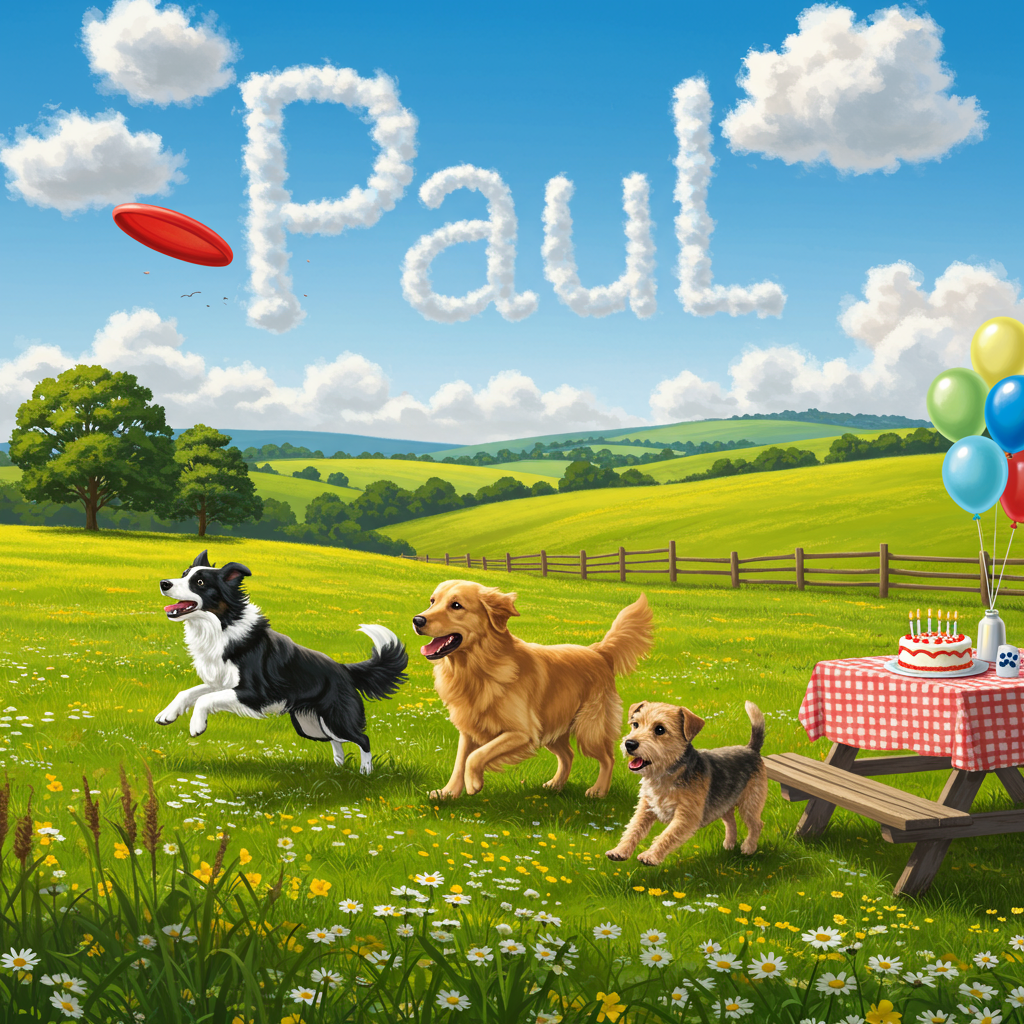In the foreground, imagine a lively country field bathed in the soft golden light of late afternoon. The grass is a vibrant green, peppered with tiny wildflowers—daisies and buttercups that add pops of white and yellow. A trio of enthusiastic dogs, captured mid-action, chase after a bright red frisbee soaring through the air.

On the left, a sprightly Border Collie leaps, its fur a striking mix of black and white, ears perked and eyes intently focused on the frisbee. Beside it, a Golden Retriever, with its luxurious golden coat catching the sunlight, bounds forward, tongue hanging out in excitement. On the right, a small, scrappy Terrier, with a wiry tan coat, scampers along, determined to keep up with its larger companions.

In the background, gentle rolling hills stretch towards the horizon, dotted with clusters of lush trees, their leaves a deep, summer green. A rustic wooden fence runs along the base of the hills, providing a charming, quintessentially country backdrop.

Above the scene, the sky is a brilliant azure, with fluffy white clouds lazily drifting by. The word "Paul" is creatively spelled out in the clouds, subtly and whimsically integrated, as if the wind itself has decided to wish Paul a happy birthday.

On the ground, a weathered picnic table sits off to the side, adorned with a classic red-and-white checkered tablecloth. A simple birthday cake, decorated with frosting shaped like small bones and paw prints, is the centerpiece. Nearby, colorful balloons in shades of blue and green are tied to the table, swaying gently in the breeze.

This detailed, realistic depiction offers a dynamic and engaging scene, perfect for capturing the joy and playfulness of a birthday celebration in the countryside with beloved canine friends.
Generated with these themes: Dogs, Frisbee, and Country setting.
Made with ❤️ by AI.