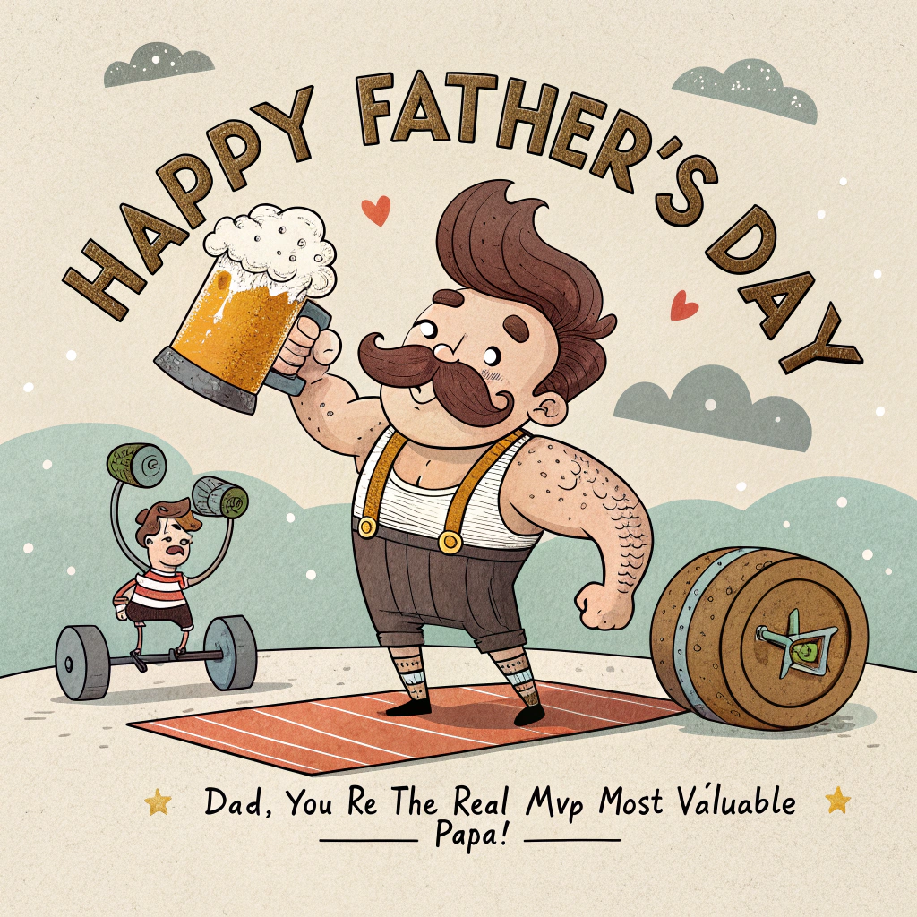 At the top of the image, "Happy Father's Day":

At the bottom of the image, "Dad, you're the real MVP – Most Valuable Papa!"

- In the center of the image, illustrate a playful cartoon scene featuring a jovial, barrel-chested dad with an exaggerated handlebar mustache. He is balancing a frothy mug of beer on one hand and flexing a bulging bicep with the other, where a comical tattoo of a Yankee cap-wearing giant lifting weights can be seen. Nearby, a tiny cartoon jiu jitsu mat shows mini wrestlers caught in an epic move. Bright colors and thick outlines capture the energetic mood.
Generated with these themes: Beer, Working out, Giants, Yankees, Jiu jitsu, and .
Made with ❤️ by AI.