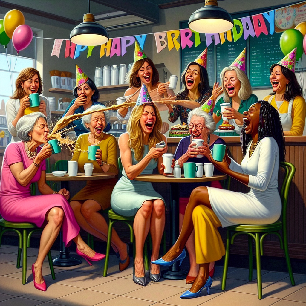 An amusing depiction centered around a birthday celebration taking place within a generic coffee shop. A group of women, with various descents such as Caucasian, Hispanic, Black, Middle-Eastern, and South Asian, are in the middle of a lively conversation, their faces lit up with laughter. They are donning festive birthday hats, each clutching a vibrantly colored coffee mug. One woman is seen reacting with a humorous spit-take, her drink ejected in surprising response, likely due to a witty joke shared among them. Balloons and a 'Happy Birthday' banner hung up serve to enhance the festive spirit of the scene.
Generated with these themes: Women, Costa, drinking .
Made with ❤️ by AI.