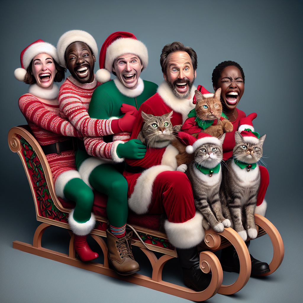 In the depicted scene, a cartoon family radiates holiday cheer, with parents and young adult children squeezed into a robust sled, all sporting festive Santa and elf costumes, laughter implied in the art. The family's joy is matched by the comic sight of their two cats, adorned in reindeer gear, posed as if dutifully dragging the sled, creating a heartwarmingly humorous Christmas tableau.
Generated with these themes: two parents with young andult children in a sled, dressed up as Santas or elves,  and with two cats as reindeers  in front of the sled - dragging it.
Made with ❤️ by AI.