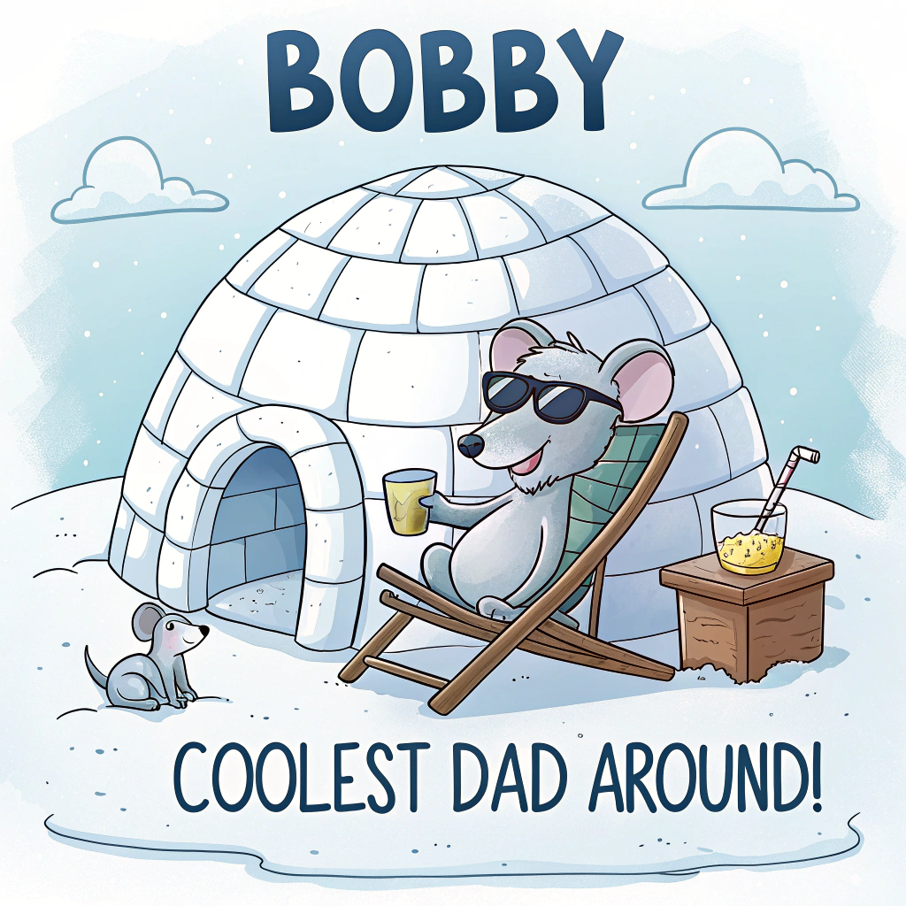 At the top of the image, "Bobby":

At the bottom of the image, "Coolest Dad Around!"

- Create a comical scene of an igloo made entirely of ice cubes, with a tiny mouse sporting sunglasses lounging on a deck chair in front of it, sipping a mini lemonade.
Generated with these themes: Ice, Ice cube , Igloo, Mouse, and .
Made with ❤️ by AI.