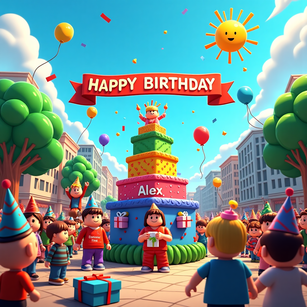 Front and center, a vibrant and bustling birthday scene unfolds. Imagine a sprawling Roblox world, where blocky characters with exaggerated, cartoonish features gather in celebration. The characters, inspired by Charles Schulz's Peanuts gang with oversized heads and expressive eyes, are decked out in festive attire, each outfit a wild mix of clashing patterns and bold colors like bright reds, electric blues, and sunny yellows. 

At the center, a towering, tiered birthday cake stands on a square table built from classic Roblox blocks. Each layer of the cake is a different vivid color: the bottom is neon green, the middle is a radiant purple, and the top tier is a cheerful orange, crowned with multicolored candles flickering playfully. Perched atop the cake is a Roblox character waving gleefully, its blocky hand raised in a cheer.

A banner hangs in the sky above, its letters comically large and bubbly, in the style of Walt Disney's classic animated text. The banner reads "HAPPY BIRTHDAY" in rainbow hues, and just beneath, the name "Alex" is displayed prominently, the letters adorned with tiny, colorful confetti.

The backdrop is a bustling Roblox cityscape, rendered in a style reminiscent of Bill Watterson's Calvin and Hobbes, with whimsically detailed buildings and trees. The sky is a bright azure, dotted with fluffy white clouds reminiscent of Winsor McCay's dreamlike skyscapes. In the sky, a pixelated, smiling sun, its rays bouncing joyfully, surveys the scene below.

On the ground, Roblox characters are engaged in various activities: one juggles oversized, cartoon-style birthday presents wrapped in glossy paper with polka dots, while another rides a blocky skateboard, leaving a trail of sparkles behind. A group of characters huddles around a giant, open Roblox-themed gift box, oversized to an exaggerated degree, revealing a cascade of balloons that soar upwards.

Scattered throughout are quirky details in the vein of Gary Larson's The Far Side, like a character wearing a party hat that's too large and slips comically over their eyes, or a dog-shaped Roblox character sniffing curiously at a tiny robot, a nod to the playful absurdity of Osamu Tezuka's manga influences. This colorful, exaggerated scene is a birthday celebration in true cartoon style, bursting with vibrant energy and creative whimsy.
Generated with these themes: Roblox.
Made with ❤️ by AI.