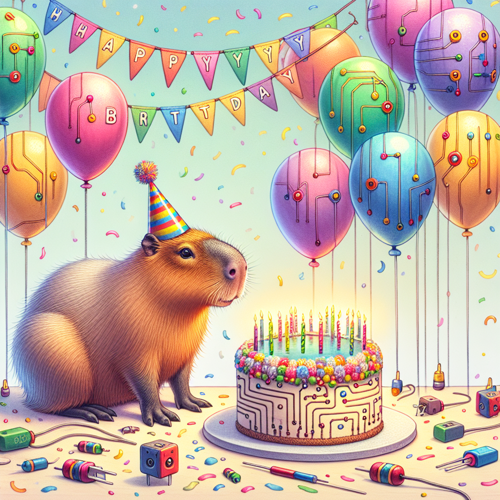 A scene of merriment unfolds on a birthday, where a capybara wears a multi-colored party hat, sitting as the main attraction. Around this cute animal, there are vivid balloons drifting, each tethered by ribbons to small electrical connectors acting as unique and eccentric counterweights. Above, a festive banner, designed in a whimsical typeface, declares 'Happy Birthday'. A cake, made eye-catching with frosting that resembles circuit designs and tiny capybara cake toppers, is placed temptingly on a table that is decorated with confetti, designed to look like minuscule resistors and capacitors.
Generated with these themes: Capybara, and Electrical connectors.
Made with ❤️ by AI.
