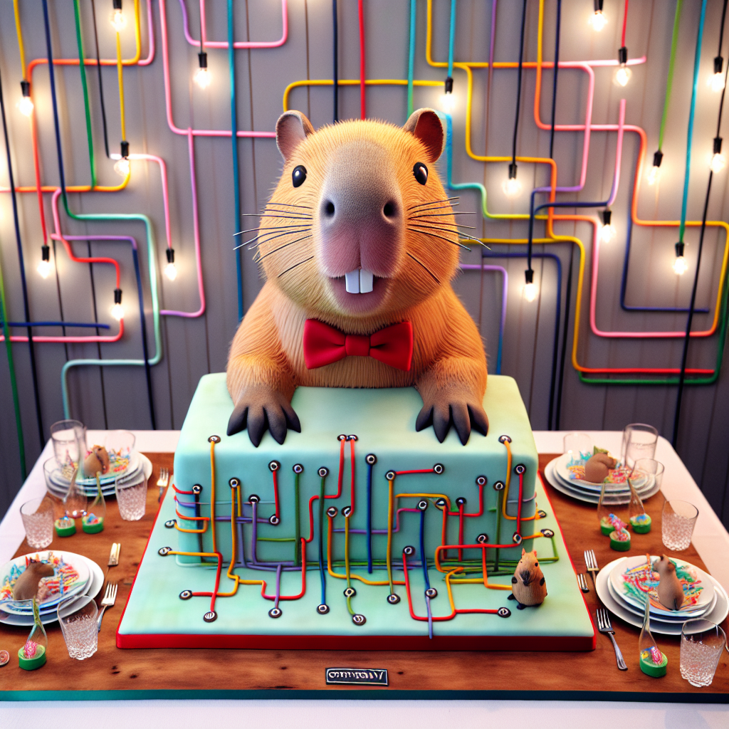 Visualize an animated birthday scene with an engaging focus on an endearing capybara. This capybara is adorably dressed in a miniature bow tie and depicted with a contagiously happy smile. Artistically twisted wires strung with lights rig the room, fulfilling dual purpose as whimsical electrical conduits. Every table in the room presents a centrepiece featuring a miniature cartoon representation of a capybara, charmingly nestled in a vibrant arrangement of colourful conductive wires. Dominating the scene is a custom birthday cake. It's smartly designed to mimic a circuit board, complete with edible representations of capybaras playfully peeking out from between the board's traces.
Generated with these themes: Capybara, and Electrical connectors.
Made with ❤️ by AI.