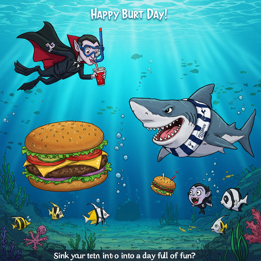 At the top of the Illustration Style image, include the text: **Happy Burt Day!**

---

**Image Description:**

Imagine a comical birthday scene set in a lively, whimsical underwater world. In the foreground, a giant, juicy burger with all the trimmings is floating in the sea, catching the eye of a goofy-looking shark wearing a Tottenham Hotspur scarf. The shark, with its big toothy grin, is eagerly swimming towards the burger, leaving a trail of bubbles behind. Nearby, Dracula, donning a vampire cape with the Spurs logo, is snorkeling with a comically exaggerated straw sipping a blood-red drink, intrigued by the aquatic happenings. 

The scene is filled with vibrant blues and greens, with sunlight streaming through the water, casting playful patterns on the sandy ocean floor. Fish in tiny Spurs jerseys are cheering on the spectacle, adding to the chaotic humor. 

Text caption at the bottom: "Sink your teeth into a day full of fun!"
Generated with these themes: Burgers, Sharks, Dracula, Tottenham Hotspur, and .
Made with ❤️ by AI.