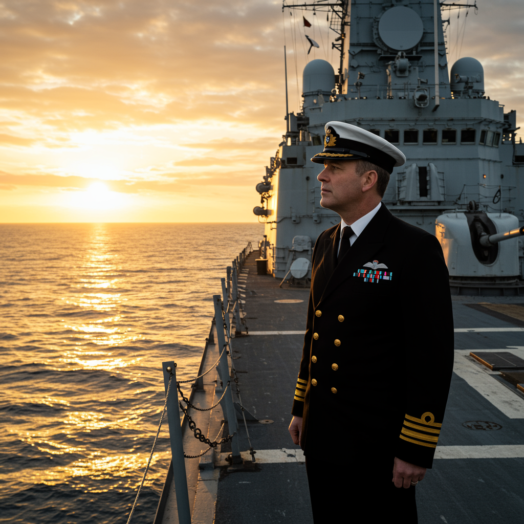 At the top of the photorealistic picture taken from a camera image, include the text: "Happy Father’s Day".

---

**Image Description:**

The scene captures a poignant and heartfelt moment aboard HMS Coventry. The focus is on a father in naval uniform, standing on the deck of the ship. He is gazing thoughtfully towards the horizon, the vast ocean stretching endlessly before him, reflecting hues of the golden sunset. Behind him, the grand and imposing structure of HMS Coventry rises, its silhouette a testament to strength and duty. The light casts a warm, gentle glow on his face, highlighting his dedication and love for his family, whom he holds close to his heart even when far away. The textures of the ship, the uniform, and the ocean are rendered with meticulous detail, bringing an authentic touch to the photograph. This image, with its sincere and touching theme, is perfect for a Father’s Day greeting, celebrating the valor and warmth of fathers everywhere.
Generated with these themes: Hms coventry, and .
Made with ❤️ by AI.