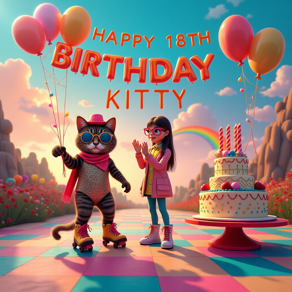 In this whimsical and surreal scene, the canvas captures a vibrant birthday celebration set in a fantastical, dream-like skate park. The focal point is a spirited Tabby Cat, donning a sequined, haute couture roller skating ensemble, complete with a tiny fashion designer beret tilted jauntily atop its head. The Tabby Cat elegantly glides across a vivid checkerboard floor, where the individual squares resemble pieces from the Roblox universe, each with iconic block-like textures. Beside the cat, a young woman, Kitty, who is the birthday girl and an aspiring fashion designer herself, claps in delight, wearing an avant-garde outfit inspired by Roblox avatars, complete with oversized sunglasses and a chic, geometric-patterned scarf. 

Suspended in the air above the skate park, bold and colorful balloons spell out "Happy 18th Birthday, Kitty" with each letter printed on its own balloon. These balloons are tethered to an oversized birthday cake situated on a nearby table, the cake's icing meticulously crafted to resemble the swirling, pixelated landscapes of Roblox. In the background, a whimsical sky transitions from a soft morning pink to a deep evening blue, with clouds shaped like sewing needles and fabric rolls, subtly nodding to Kitty’s fashion designer dreams. A rainbow arcs over the scene, shimmering with pastel hues, adding a touch of magic, while the whole scene glows with the gentle, golden light of an eternal sunset.
Generated with these themes: Tabby Cat on roller skates, Roblox, Fashion Designer, and Daughter, Happy 18th Birthday.
Made with ❤️ by AI.
