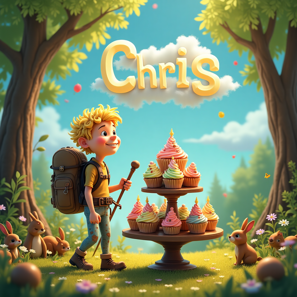 In the heart of an enchanting woodland clearing, bathed in the soft glow of dappled sunlight, stands a whimsical tableau of celebration. At the center of the scene is Chris, a jovial hiker with a mop of blond, chin-length hair that catches the golden rays. Chris is clad in eye-catching, colorful leggings that swirl with patterns reminiscent of a kaleidoscope, adding a playful touch to the rustic setting. Over one shoulder, he carries a robust rucksack, its fabric patched with badges from various adventures, suggesting a well-traveled companion. In his hand, Chris wields a well-worn hiking stick, its gnarled surface polished by countless journeys.

Dominating the center of the clearing is a magnificent three-tier cake stand, teetering under the weight of a medley of exquisite cupcakes. Each tier is more fantastical than the last, with cupcakes frosted in vibrant hues that mirror the wildflowers surrounding them. The cakes are topped with tiny fondant figures of hiking boots, compasses, and mini rucksacks, paying homage to Chris's love for the great outdoors.

Above this delightful spread, the name "Chris" dances playfully in the sky, spelled out by fluffy white clouds against a backdrop of cerulean blue. It serves as a celestial banner, gently fluttering in the breeze as if nature itself is wishing him a happy birthday. Around the perimeter, the woodland creatures—rabbits, squirrels, and birds—peek out from behind trees, curiously watching the festivities unfold. Each creature, in a nod to Beatrix Potter's storytelling, seems animated with a life of its own, adding an extra layer of magic to the birthday scene.
Generated with these themes: Rucksack, Male, blond chin length hair, Hiking stick, Colourful leggings, and Three tier cake stand.
Made with ❤️ by AI.