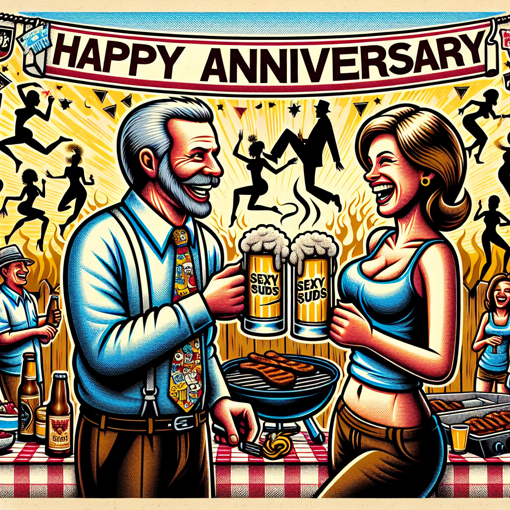 Create an image highlighting a lively and amusing anniversary celebration in a bustling backyard, endorsed with BBQ and adorned with several joyous guests. In the center of the scene, depict a couple of the hour engaging in a humorous toast. The man should be wearing a tie with outlandish cartoon-like decorations, while the woman should be seen laughing, holding a large beer mug with the words 'Sexy Suds' on it. Above them, a banner with the phrase 'Happy Anniversary' should be prominently displayed, adorned with stylized silhouettes dancing along the edges, hinting to an upcoming passionate night.
Generated with these themes: Boobs, beer, sex.
Made with ❤️ by AI.