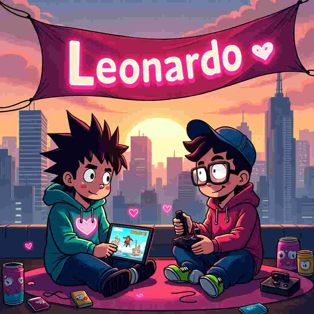 Imagine a bustling cityscape in the background, with towering skyscrapers and neon lights, reminiscent of the vibrant cityscapes often seen in anime. In the foreground, two cartoon characters, styled with exaggerated features like large eyes and big heads, sit on a cozy rooftop, immersed in a comical and colorful gaming setup.

On one side, a character with a wild, bushy hairstyle, wearing a hoodie adorned with hearts and pixelated controllers, is intensely focused on a tablet displaying Fortnite. The screen should be clear, showing a pixelated heart next to a Fortnite character jumping around a cartoonish city setting.

Beside this character, another with a goofy expression, sporting oversized glasses and a cap turned backward, is holding a joystick connected to a gaming console with a screen displaying a vibrant game scene filled with cartoon explosions and animated llamas.

Surrounding them are scattered video game cartridges, snacks, and colorful energy drink cans, all whimsically illustrated with exaggerated proportions and vivid colors like electric blue, neon green, and candy apple red.

Above them, a bright pink and red banner hangs across the rooftop, swaying gently in the wind. In bold, playful letters, the banner reads “Leonardo.” The letters are creatively styled to look like they’re made out of glowing, pixelated hearts, capturing the gamer and love theme perfectly.

In the distant cityscape, tiny hearts and cupid arrows are incorporated into the billboards and signs on buildings, adding subtle hints of Valentine's Day into the urban setting. The sky is a gradient of sunset colors—orange, pink, and purple—giving the scene a warm, colorful backdrop.
Generated with these themes: Playing Fortnite , Video Games, and City.
Made with ❤️ by AI.