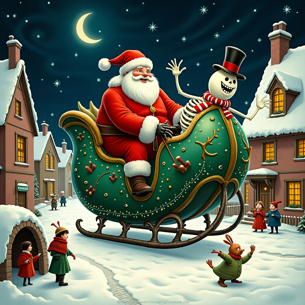 In this delightfully eccentric Christmas card scene, we're transported to a snowy, Victorian village, whimsically inspired by the supernatural charm of Beetlejuice and infused with a classic holiday spirit. At the center, we find a quaint cobblestone street bustling with fantastical activity. A jolly, rotund Santa Claus, with a face reminiscent of a mischievous Beetlejuice, is perched atop an oversized, beetle-shaped sleigh. The sleigh is a vibrant emerald green with iridescent wings that shimmer in the moonlight, and its body is adorned with whimsical, swirling patterns inspired by the intricate line work of Aubrey Beardsley. 

The sleigh is pulled not by reindeer, but by an entourage of quirky, ghostly apparitions donning striped scarves and top hats, reminiscent of Edward Gorey’s characters. These spectral beings appear jovial, their translucent forms slightly luminous against the dark, starlit sky. Around the scene, quaint half-timbered houses are adorned with twinkling, colorful fairy lights, and their snow-laden roofs curve whimsically, echoing the playful lines of Quentin Blake’s illustrations.

In the foreground, a group of Victorian children, wrapped in layers of woolen clothes, gather around a peculiar, skeletal snowman, which is grinning mischievously with a wide, toothy smile and tiny top hat. This nod to Maurice Sendak brings a touch of innocent mischief. A small, fluffy rabbit, reminiscent of Beatrix Potter's style, peeks out from a snowy burrow, watching the scene unfold with wide, curious eyes.

Above, in the swirling, inky night sky, stars twinkle with an ethereal glow akin to Maxfield Parrish’s dreamscapes, while a crescent moon hangs, casting soft, silvery light over the bustling scene. This card captures the essence of Christmas with a playful, Beetlejuice-inspired twist, bringing together elements of the fantastical, the festive, and the supernatural in a uniquely captivating tableau.
Generated with these themes: funny beetle juice related  .
Made with ❤️ by AI.