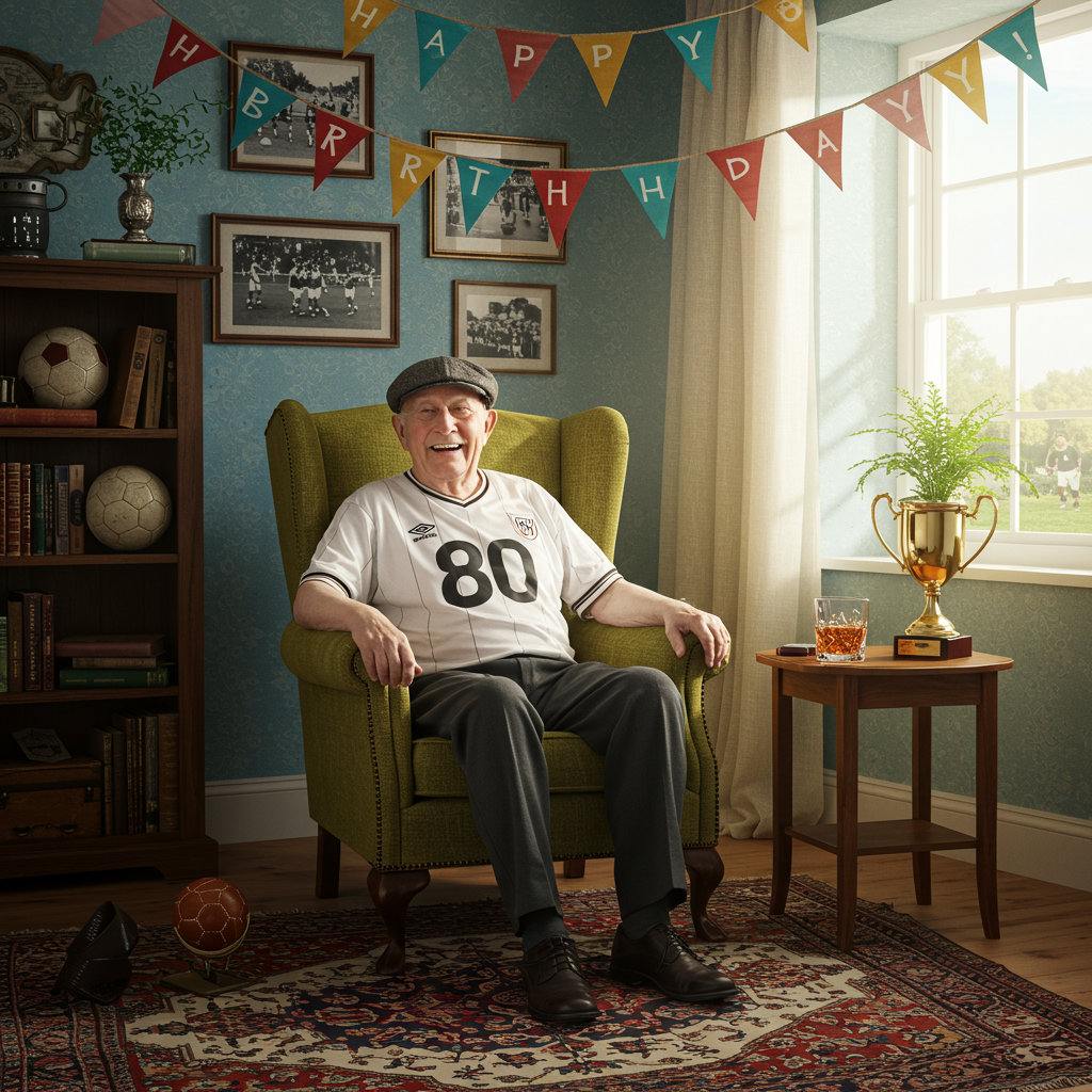 Front and center, an elderly gentleman with a joyful face is seated comfortably in a vintage, high-backed armchair, the kind with ornate wooden legs and soft, tufted upholstery in a rich, mossy green. He’s wearing a classic flat cap and a well-worn soccer jersey with the number "80" proudly displayed on the back in bold, block letters.

To his right, a small, round wooden side table holds a glass of amber whiskey, the light catching its hues and casting a warm glow. The whiskey glass is cut in a diamond pattern, reflecting light in small rainbows around it. Next to it, a small soccer trophy stands proudly, its golden sheen adding a touch of sparkle to the scene.

Behind him, the room is alive with details: framed black-and-white photographs of historic soccer matches hang on the walls, their borders ornately carved with a vine motif. There’s a playful mix of old soccer memorabilia, such as a leather-bound soccer ball perched on a bookshelf beside hardcovers, their spines embossed in gold leaf, whispering tales of the beautiful game.

The background is a tapestry of soft pastels—muted blues and creams—that lend a vintage charm, reminiscent of Norman Rockwell's scenes, detailed yet accessible. A window, half-open, lets in a gentle stream of sunlight, illuminating the swirling dust motes in the air and casting elongated shadows on the wooden floorboards.

In the corner, a small potted plant, perhaps a fern, adds a splash of life with its delicate, lace-like leaves. Above, a gentle banner arcs across the top, the letters spelled out in colorful bunting: “Happy 80th Birthday!” Each flag a different color, harmonizing the palette with gentle blues, greens, and golds, complementing the room’s overall warmth.

Finally, on the floor, a woolen area rug displays an intricate geometric pattern, its rich burgundy and navy tones anchoring the scene, adding depth and detail reminiscent of an Arthur Rackham illustration.

This composition should exude a sense of history and celebration, capturing the intersection of a life well-lived with passions well-loved.
Generated with these themes: 80th Birthday , Soccer, and Whiskey.
Made with ❤️ by AI.